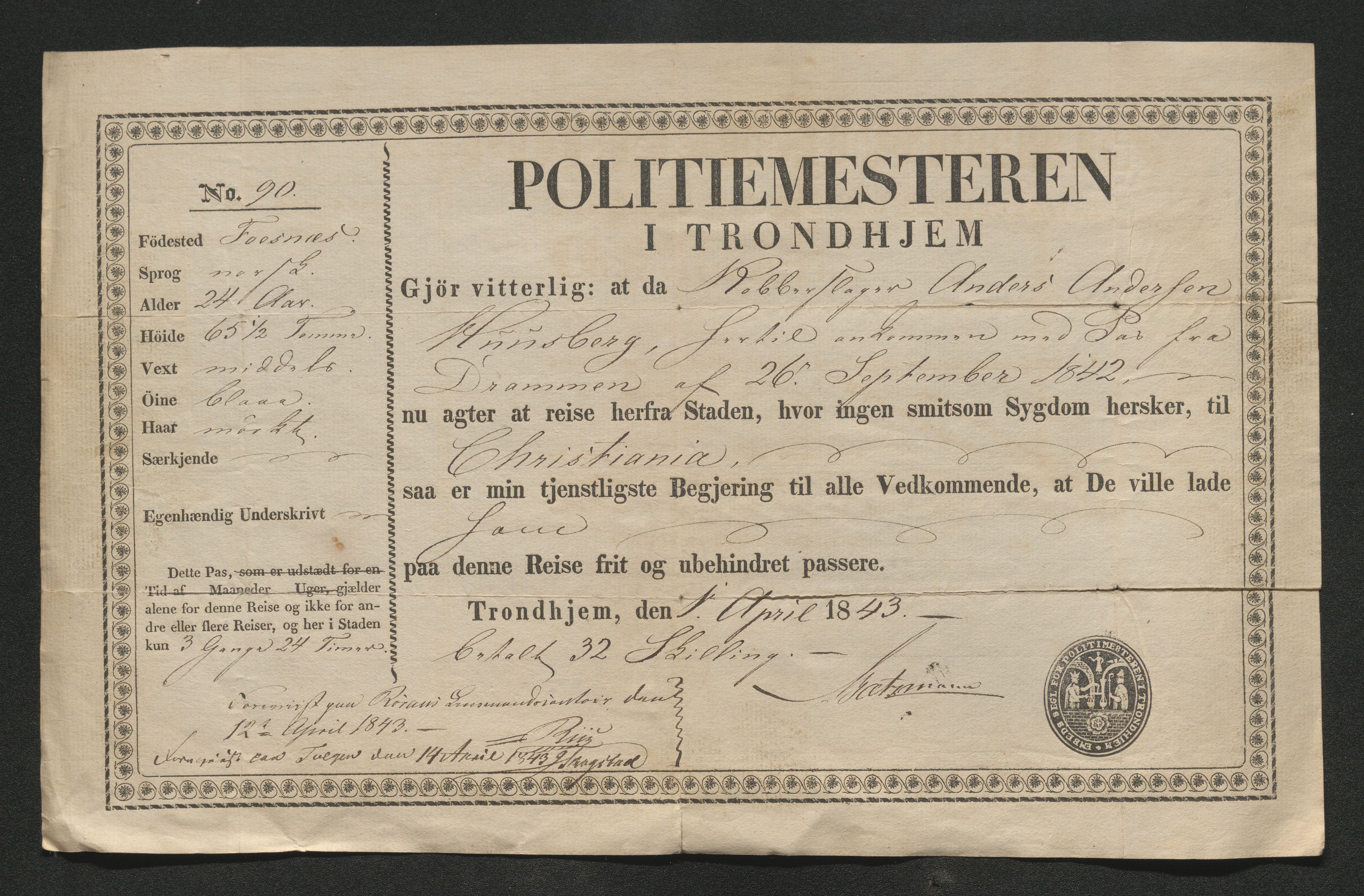 Drammen politikammer, AV/SAKO-A-623/I/Ia/Iab/L0007: Innleverte pass, 1843-1844, p. 198