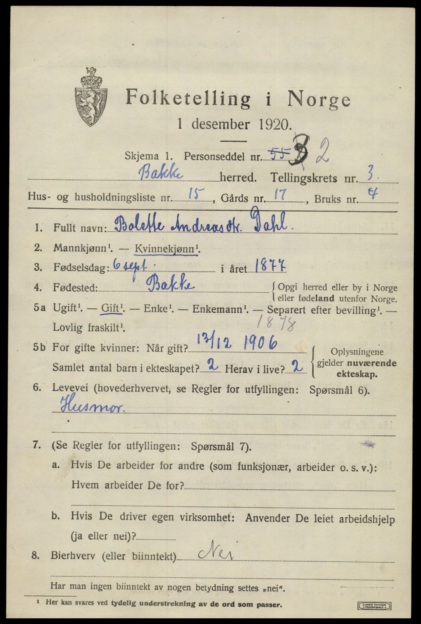 SAK, 1920 census for Bakke, 1920, p. 1088