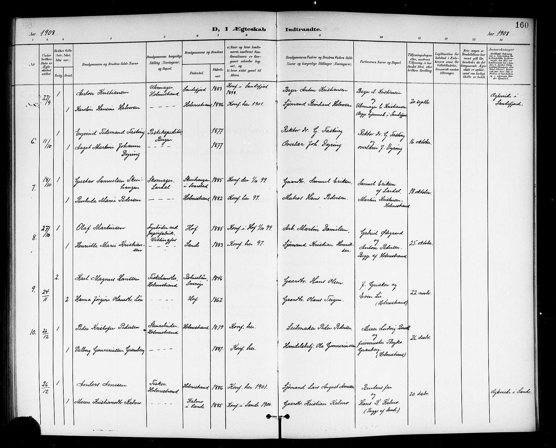 Holmestrand kirkebøker, AV/SAKO-A-346/G/Ga/L0006: Parish register (copy) no. 6, 1901-1923, p. 160