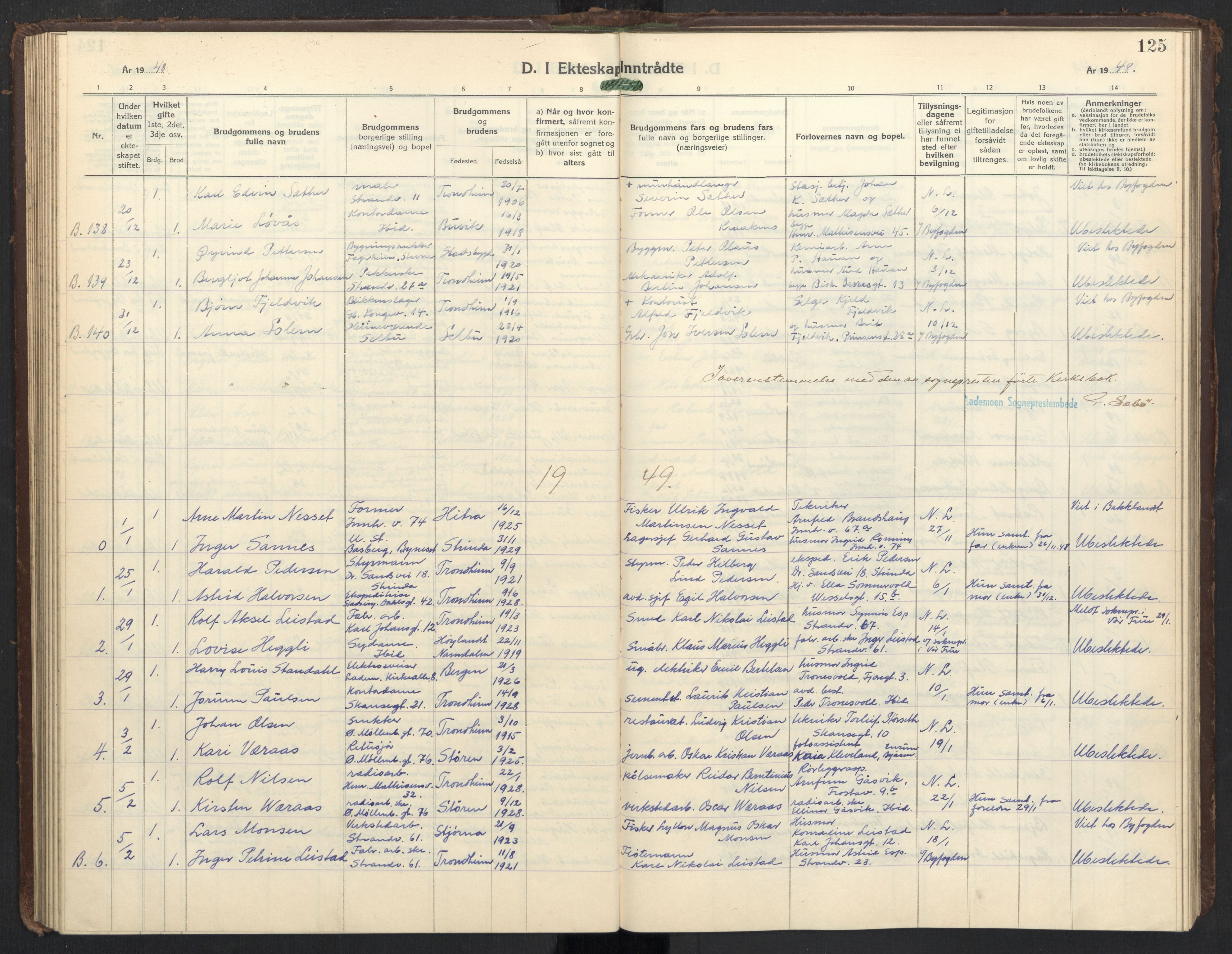 Ministerialprotokoller, klokkerbøker og fødselsregistre - Sør-Trøndelag, SAT/A-1456/605/L0263: Parish register (copy) no. 605C10, 1938-1949, p. 125