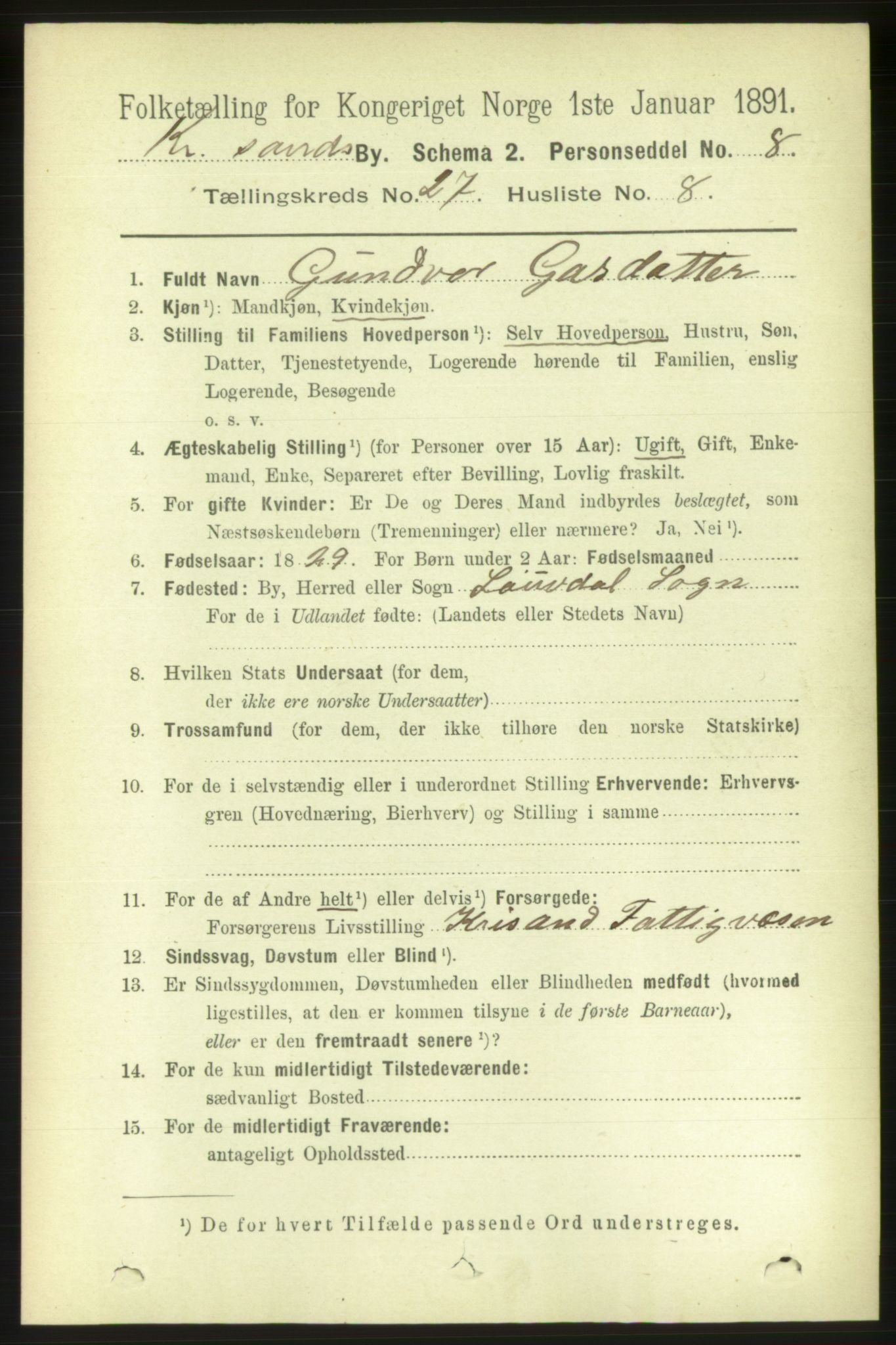 RA, 1891 census for 1001 Kristiansand, 1891, p. 9482