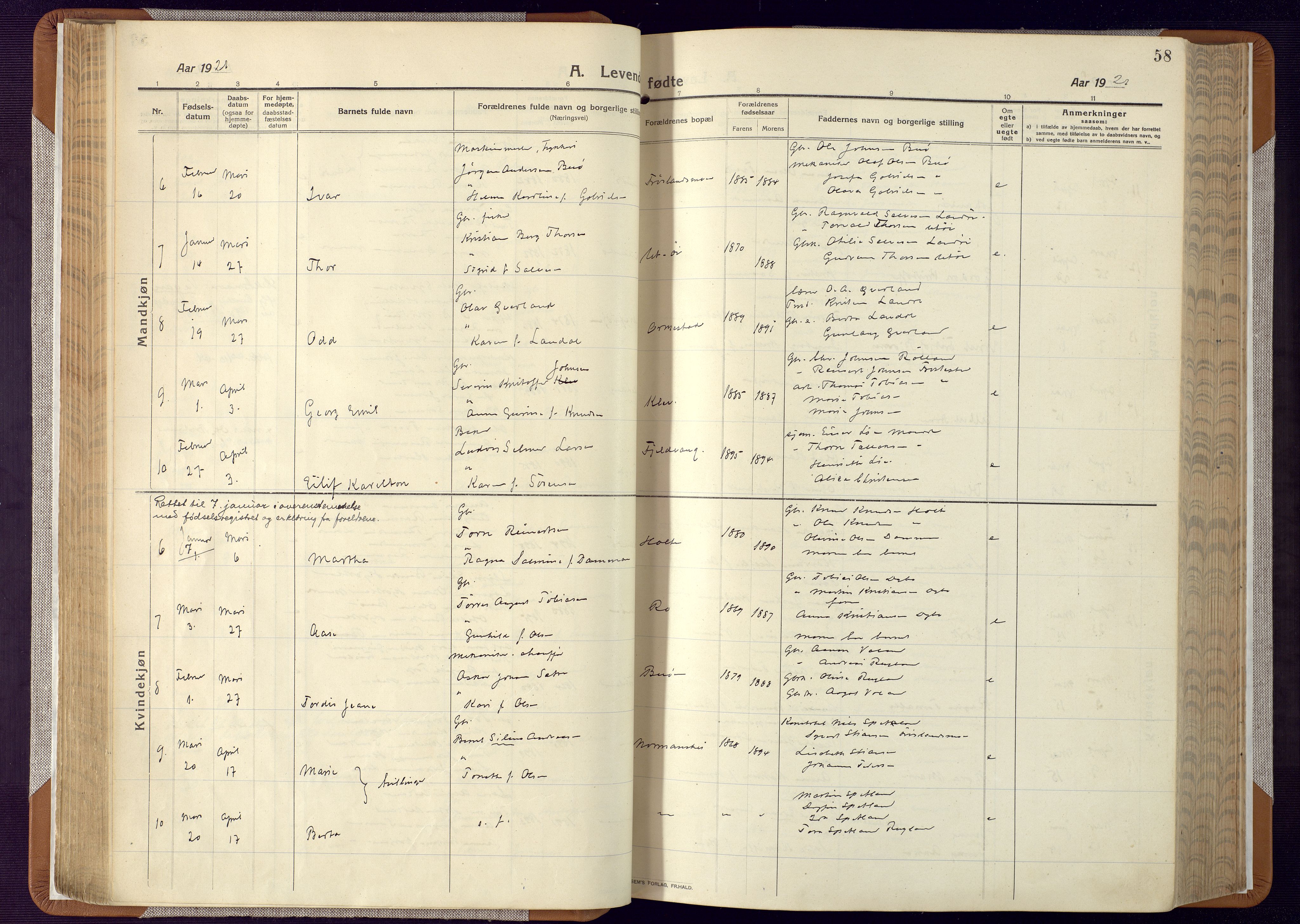 Mandal sokneprestkontor, SAK/1111-0030/F/Fa/Faa/L0022: Parish register (official) no. A 22, 1913-1925, p. 58