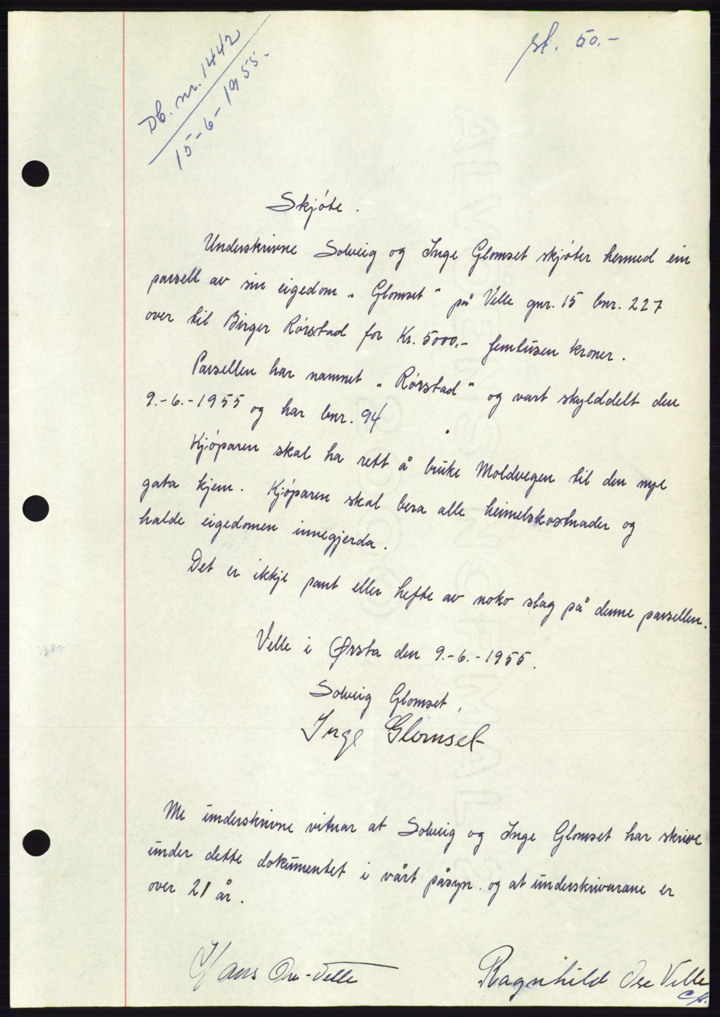 Søre Sunnmøre sorenskriveri, AV/SAT-A-4122/1/2/2C/L0101: Mortgage book no. 27A, 1955-1955, Diary no: : 1442/1955