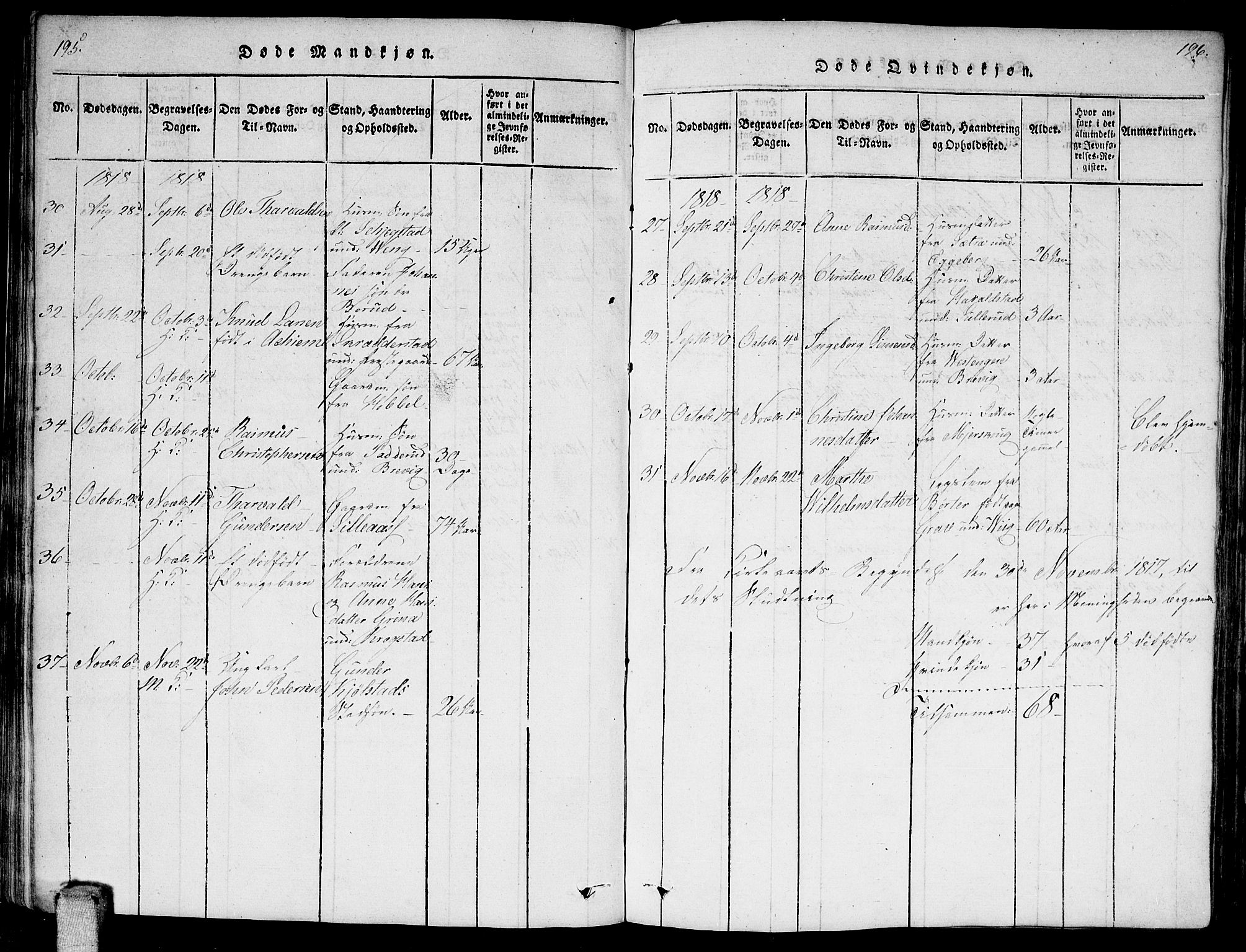 Enebakk prestekontor Kirkebøker, AV/SAO-A-10171c/F/Fa/L0006: Parish register (official) no. I 6, 1815-1832, p. 195-196