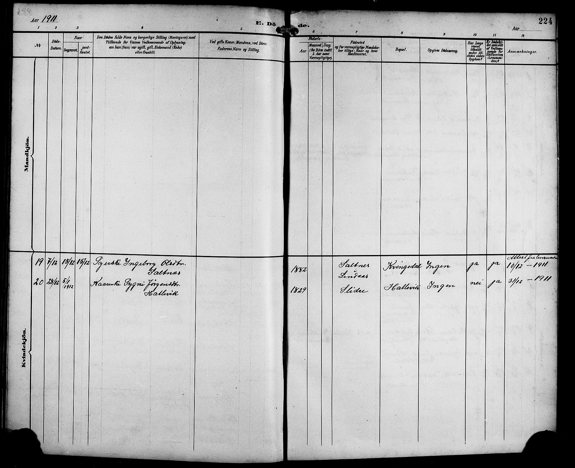 Masfjorden Sokneprestembete, AV/SAB-A-77001: Parish register (copy) no. B 1, 1892-1913, p. 224