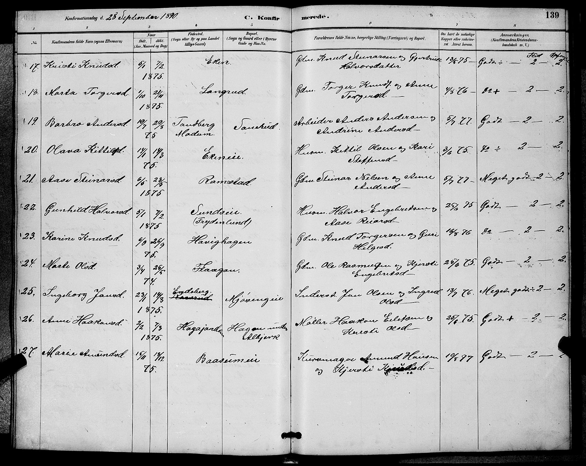 Sigdal kirkebøker, SAKO/A-245/G/Ga/L0005: Parish register (copy) no. I 5, 1886-1900, p. 139