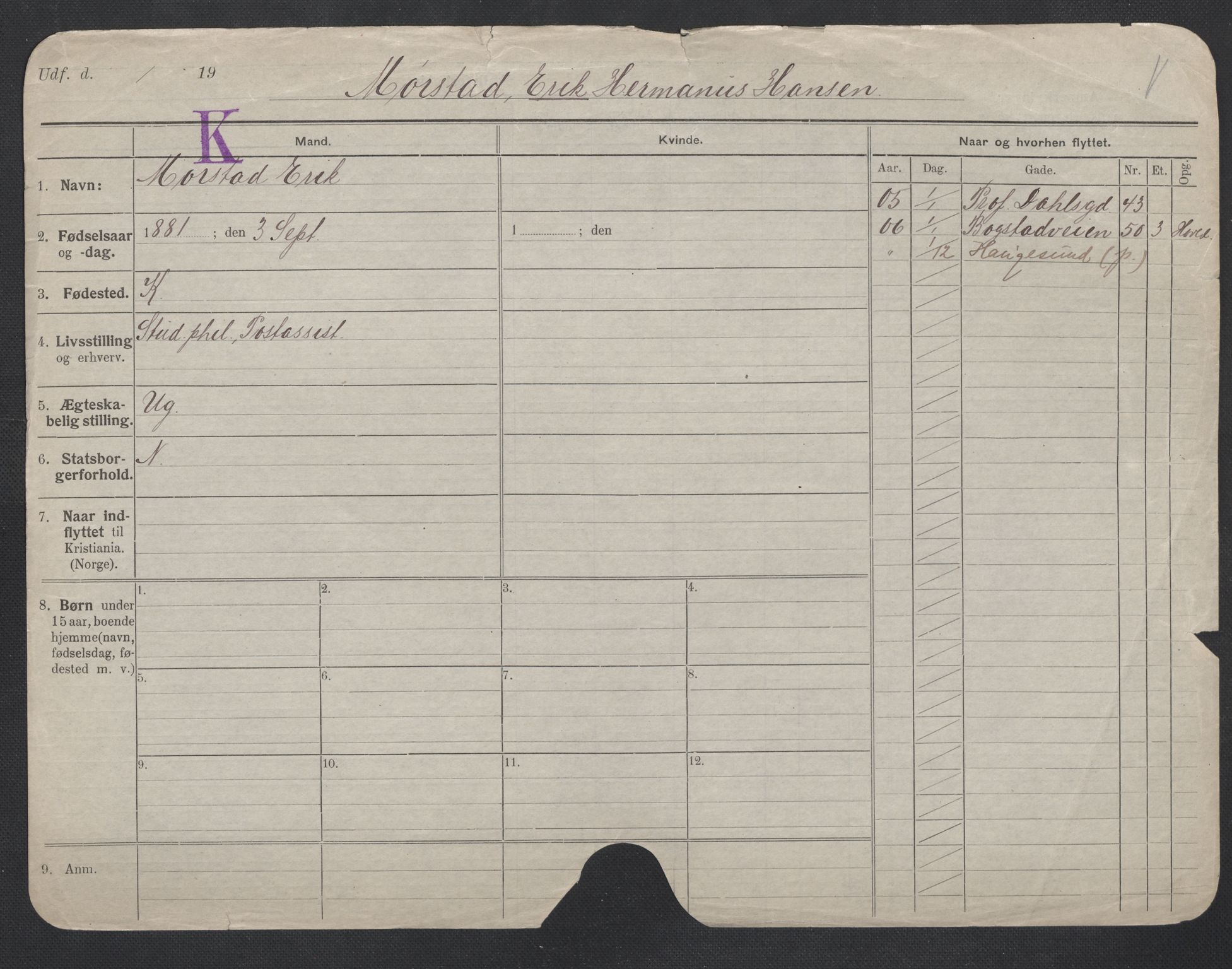 Oslo folkeregister, Registerkort, AV/SAO-A-11715/F/Fa/Fac/L0007: Menn, 1906-1914, p. 1012a