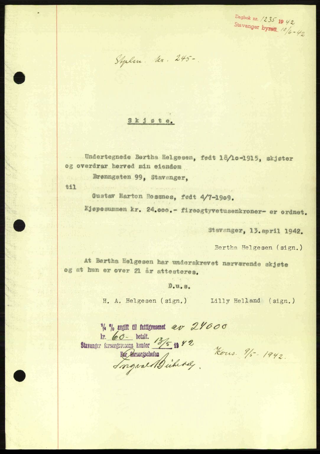 Stavanger byrett, SAST/A-100455/002/G/Gb/L0017: Mortgage book no. A7, 1941-1943, Diary no: : 1235/1942