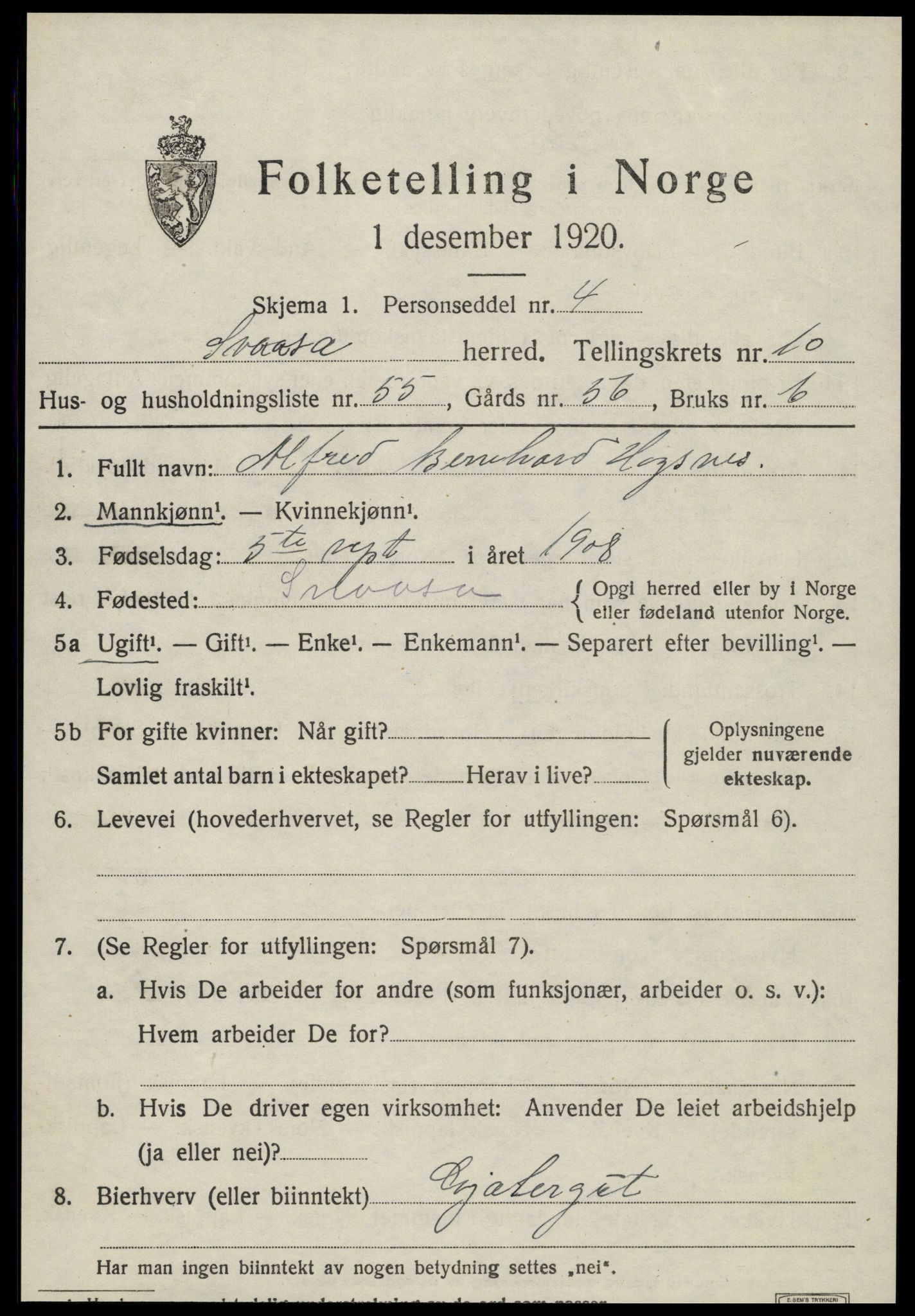 SAT, 1920 census for Snåsa, 1920, p. 4954