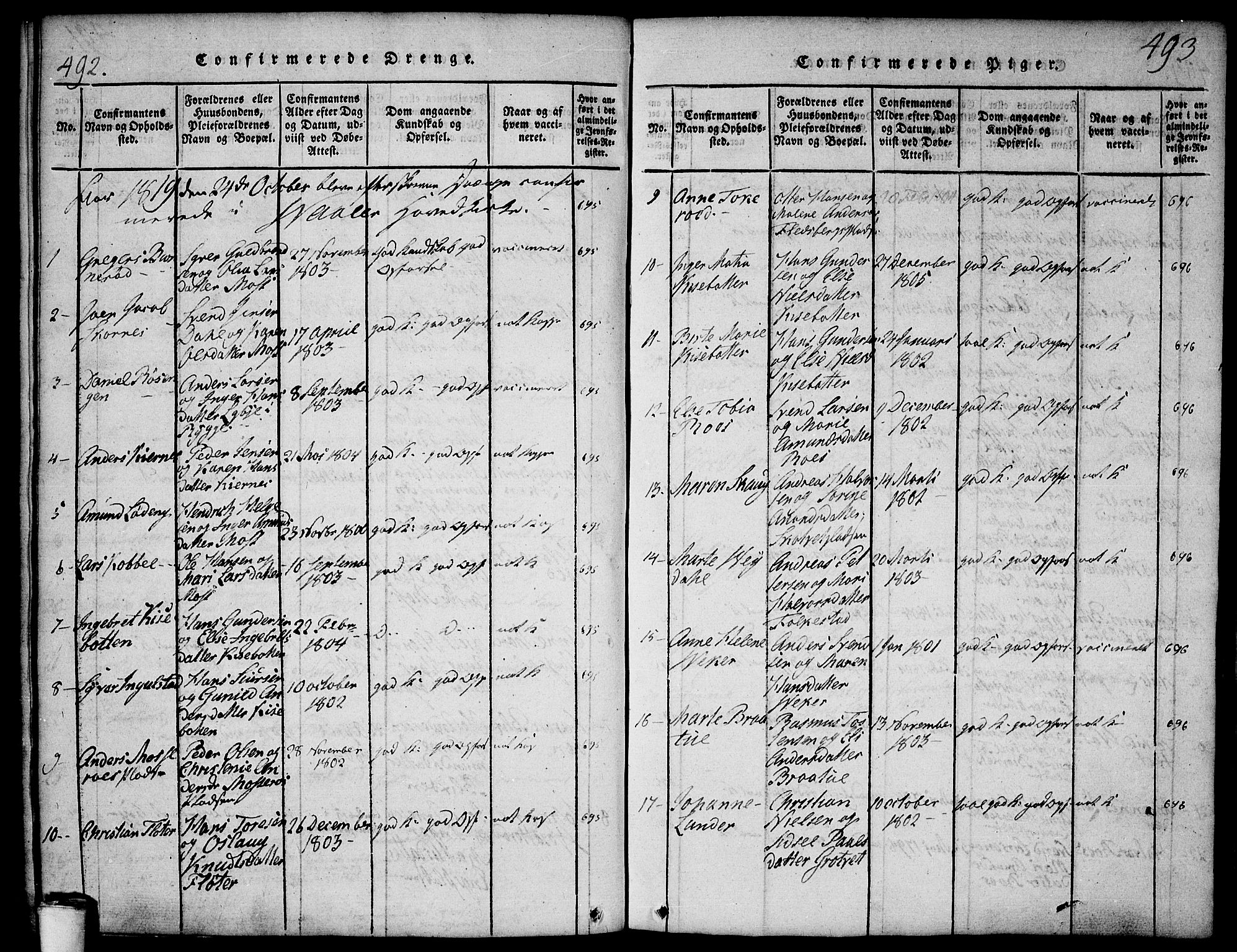 Våler prestekontor Kirkebøker, AV/SAO-A-11083/F/Fa/L0005: Parish register (official) no. I 5, 1815-1839, p. 492-493