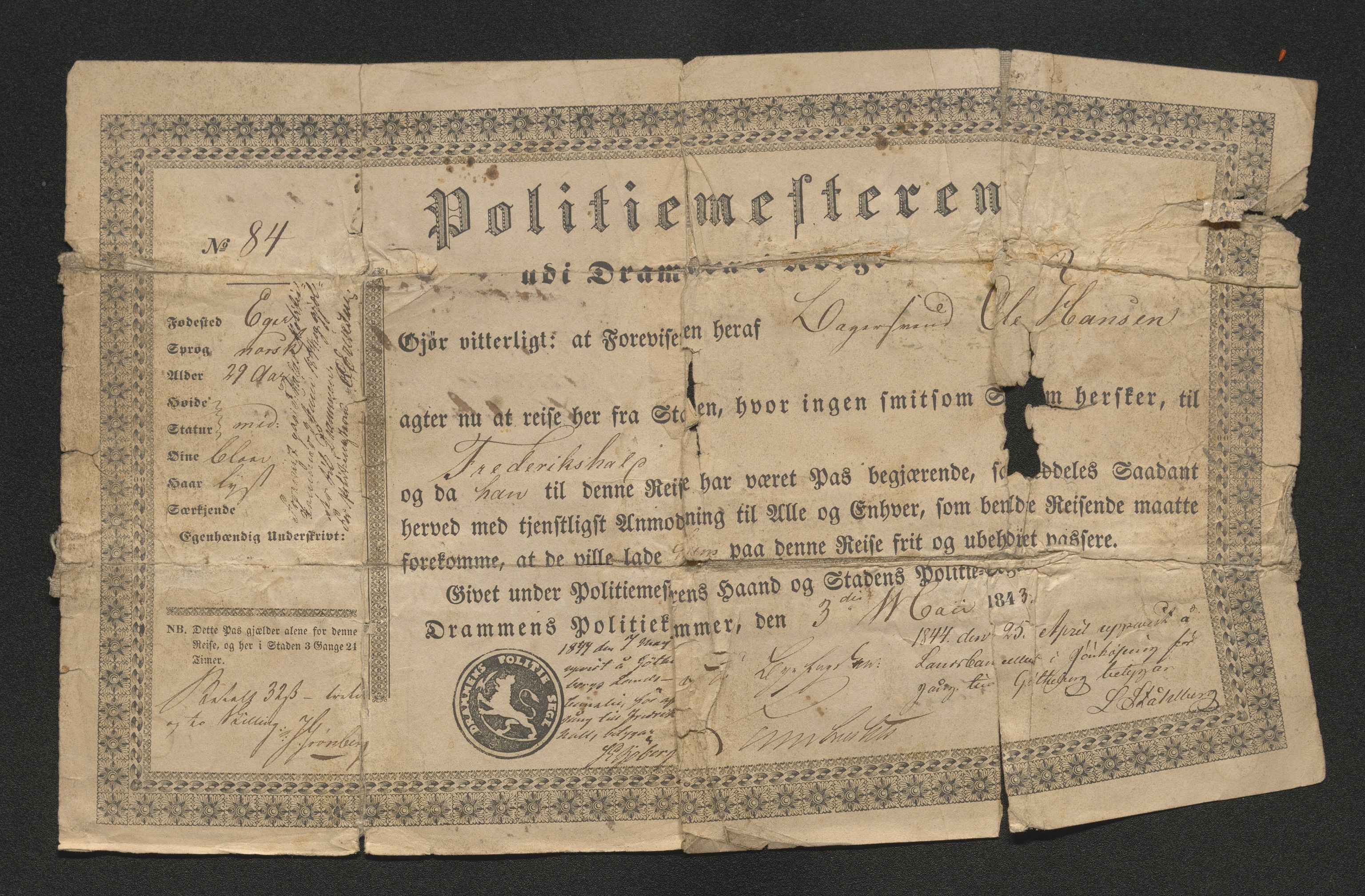 Drammen politikammer, SAKO/A-623/I/Ia/Iab/L0007: Innleverte pass, 1843-1844, p. 453