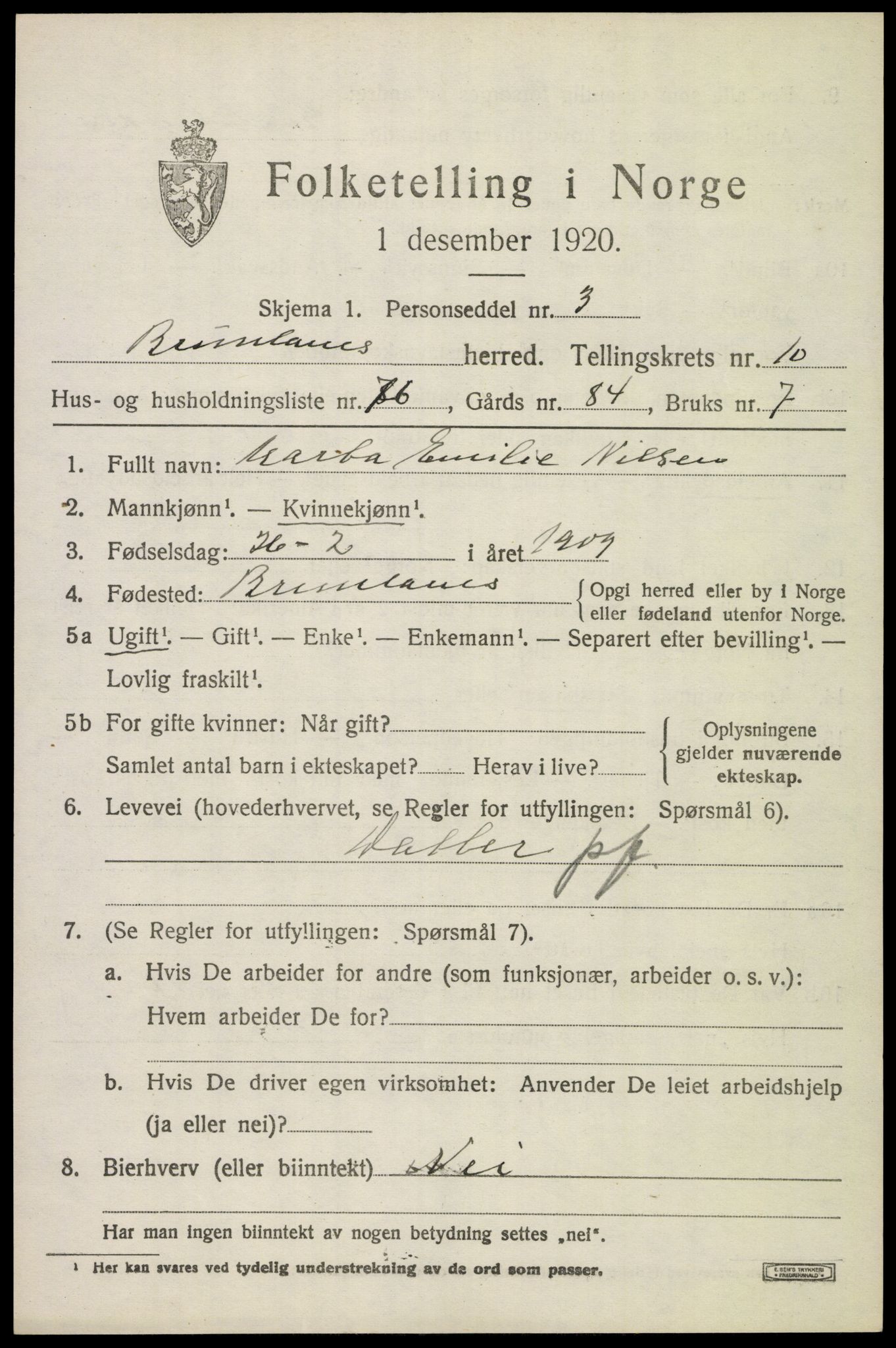 SAKO, 1920 census for Brunlanes, 1920, p. 9233