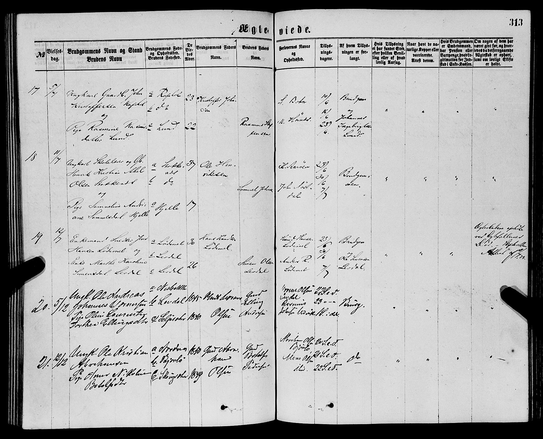 Eid sokneprestembete, AV/SAB-A-82301/H/Haa/Haaa/L0010: Parish register (official) no. A 10, 1867-1878, p. 313