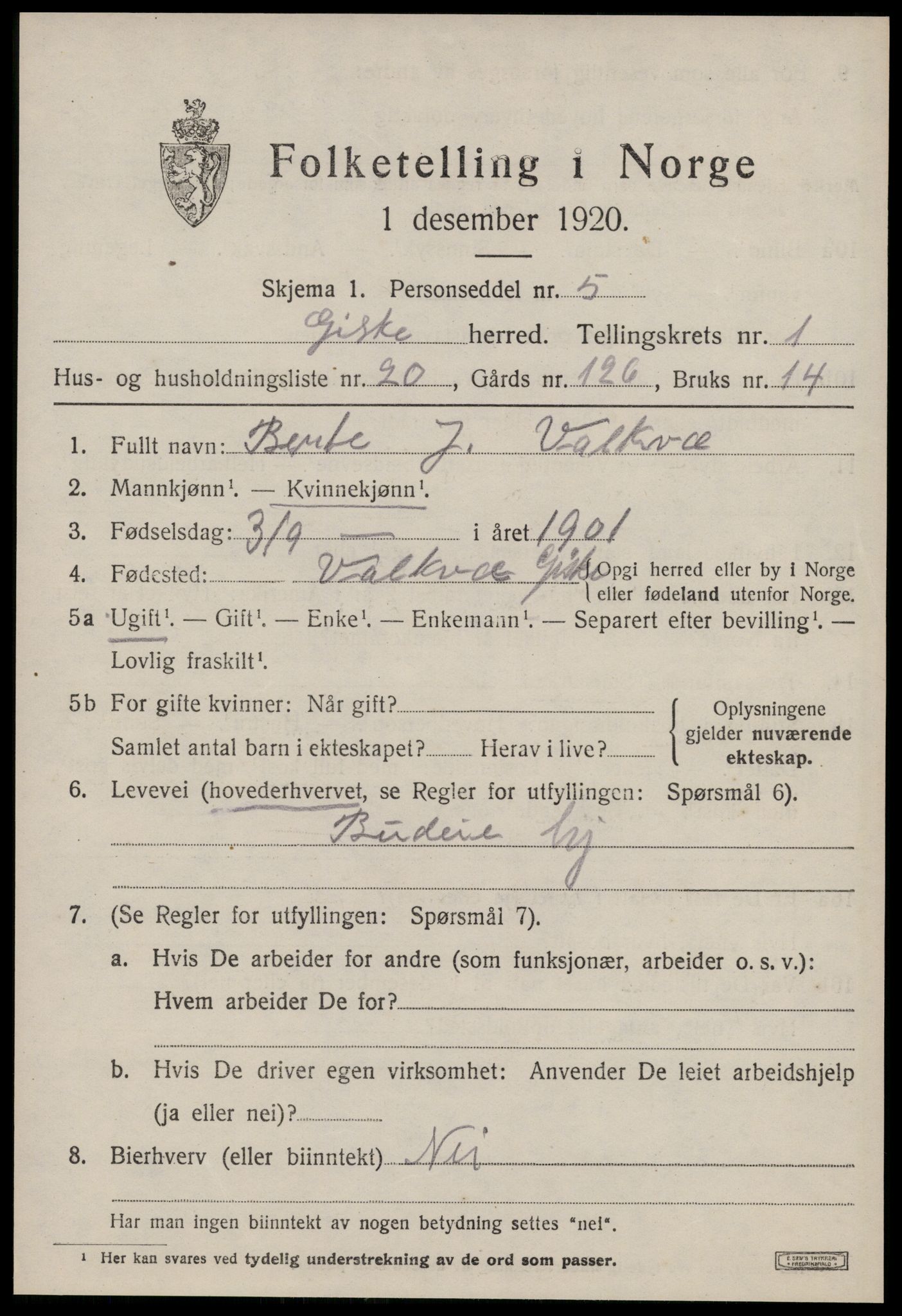 SAT, 1920 census for Giske, 1920, p. 852