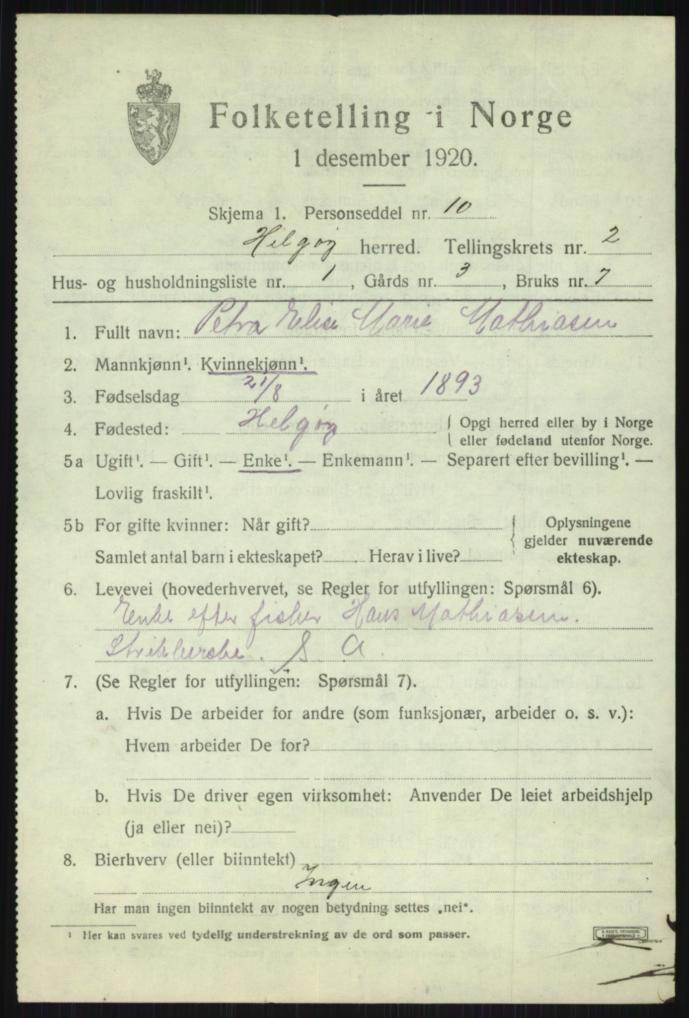 SATØ, 1920 census for Helgøy, 1920, p. 1135