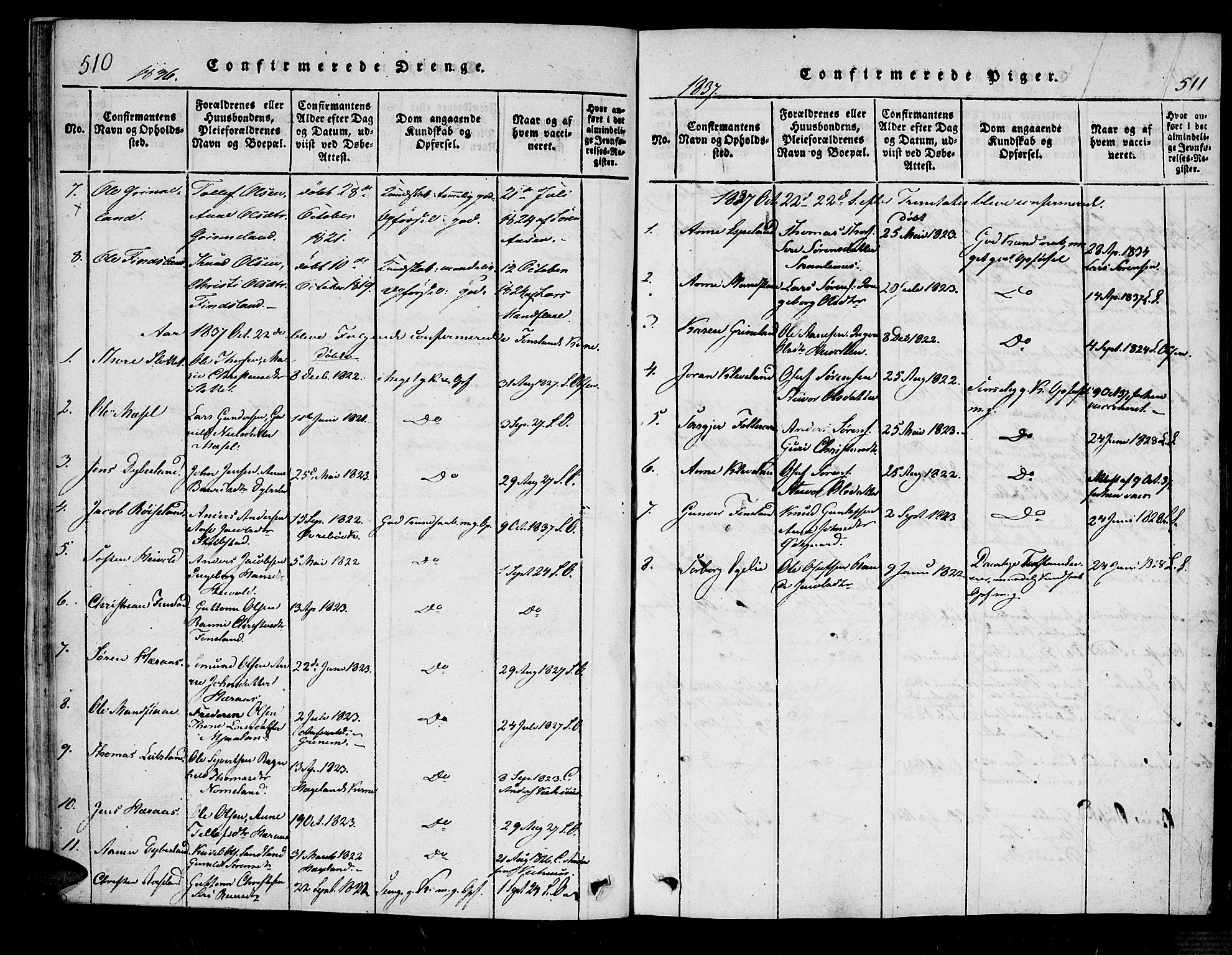 Bjelland sokneprestkontor, SAK/1111-0005/F/Fa/Fab/L0002: Parish register (official) no. A 2, 1816-1869, p. 510-511