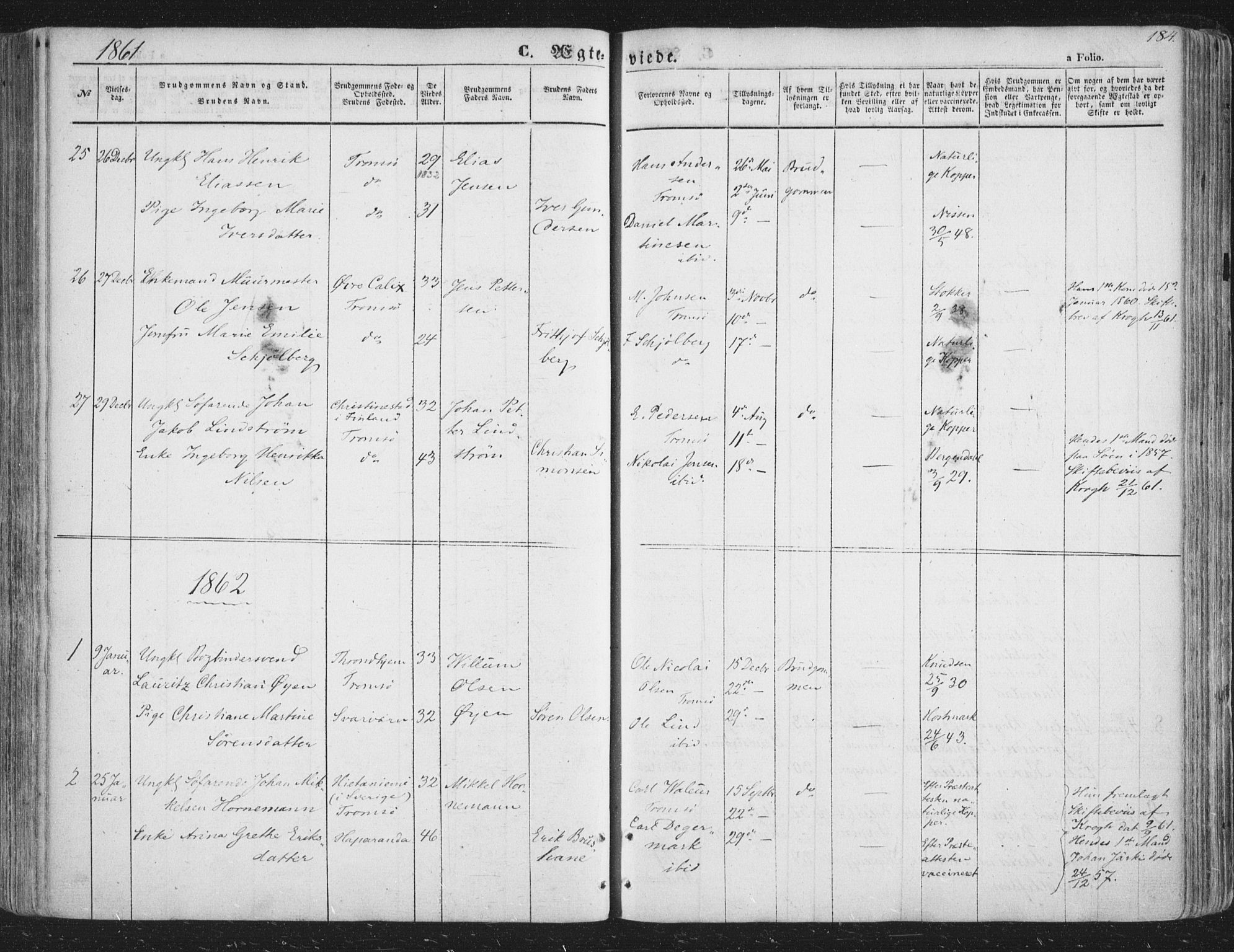 Tromsø sokneprestkontor/stiftsprosti/domprosti, SATØ/S-1343/G/Ga/L0011kirke: Parish register (official) no. 11, 1856-1865, p. 184