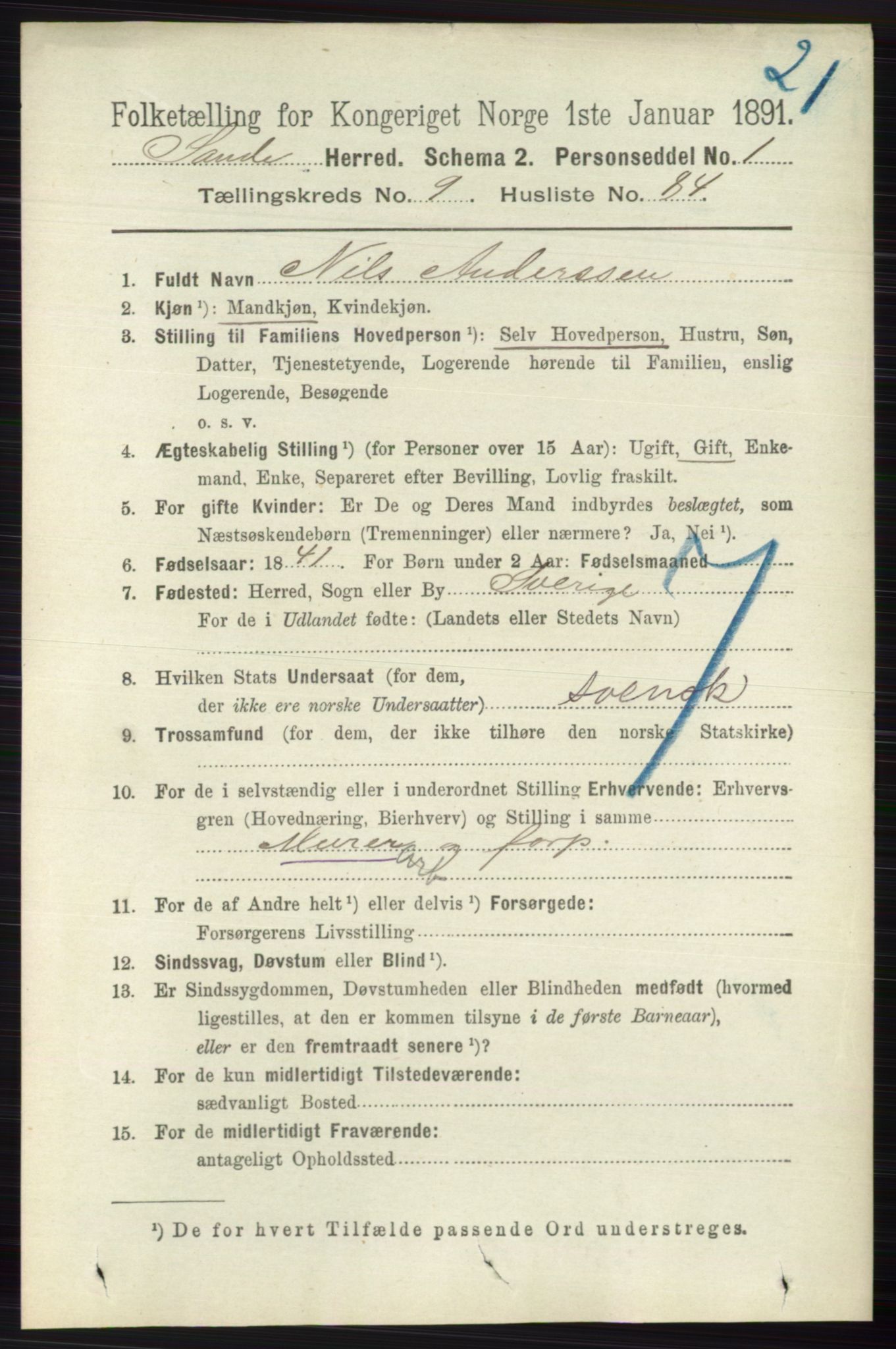 RA, 1891 census for 0713 Sande, 1891, p. 4474