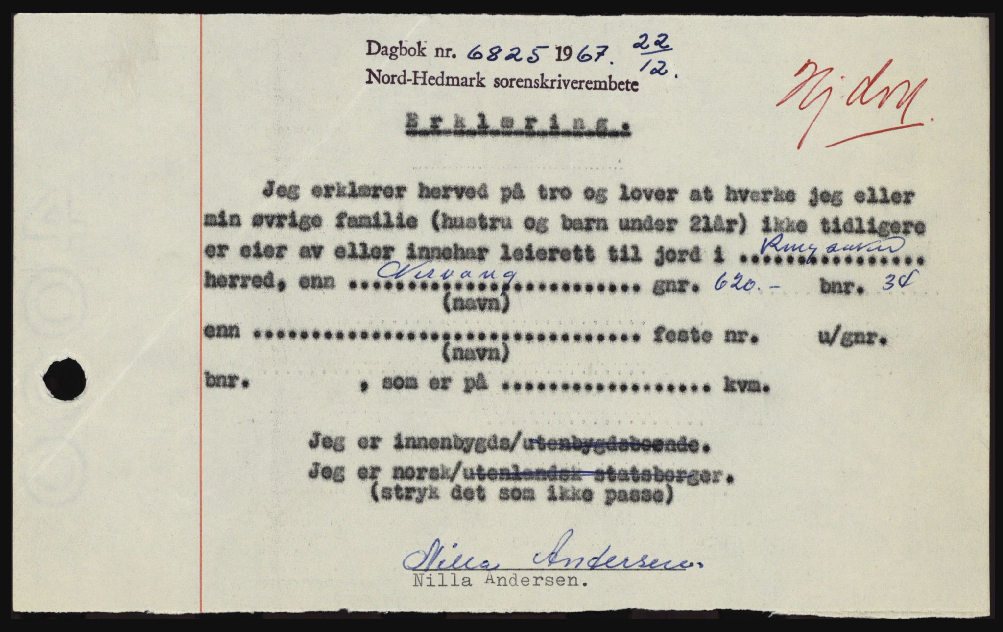 Nord-Hedmark sorenskriveri, SAH/TING-012/H/Hc/L0027: Mortgage book no. 27, 1967-1968, Diary no: : 6825/1967
