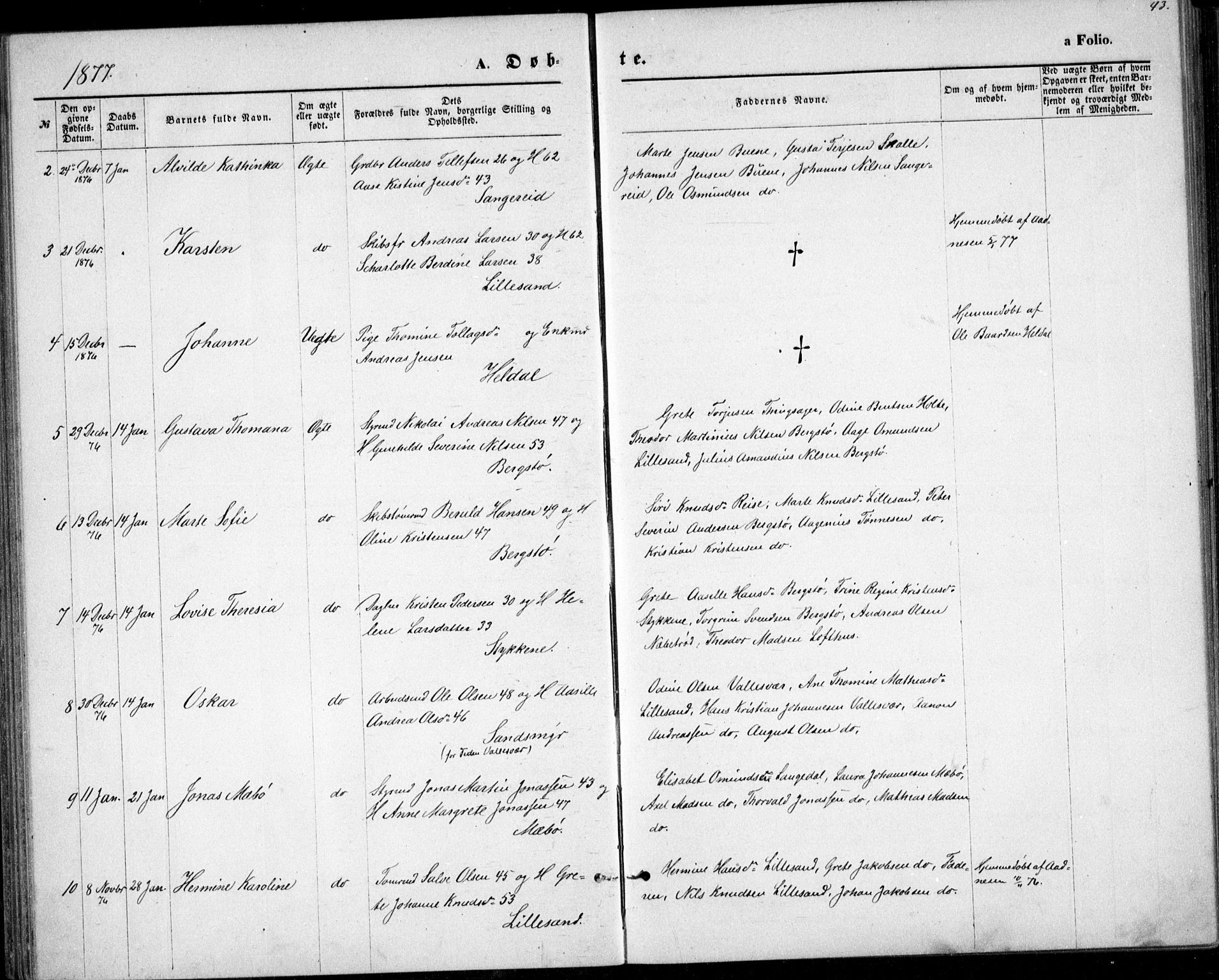 Vestre Moland sokneprestkontor, AV/SAK-1111-0046/F/Fb/Fbb/L0005: Parish register (copy) no. B 5, 1872-1883, p. 43