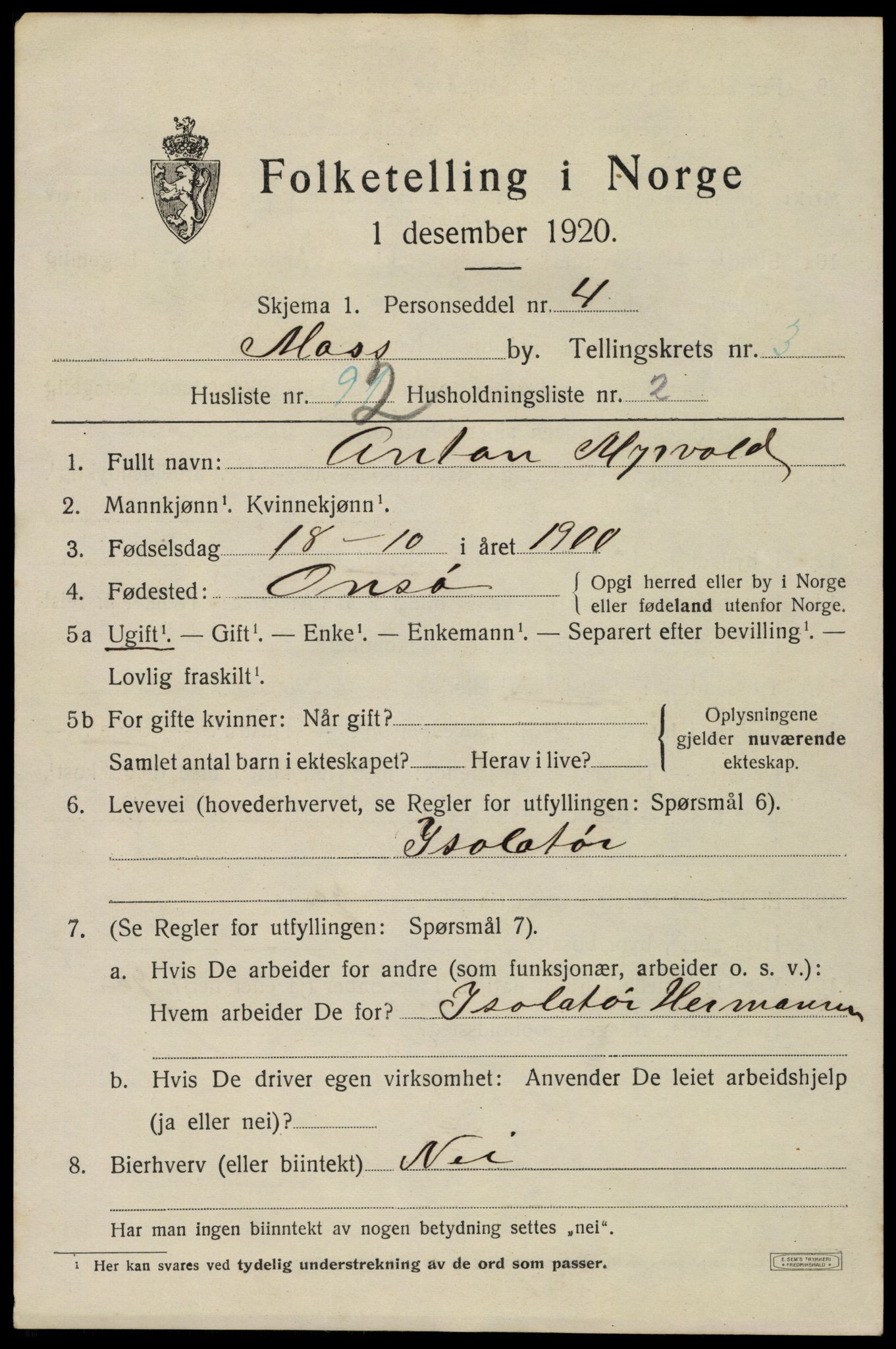 SAO, 1920 census for Moss, 1920, p. 13531