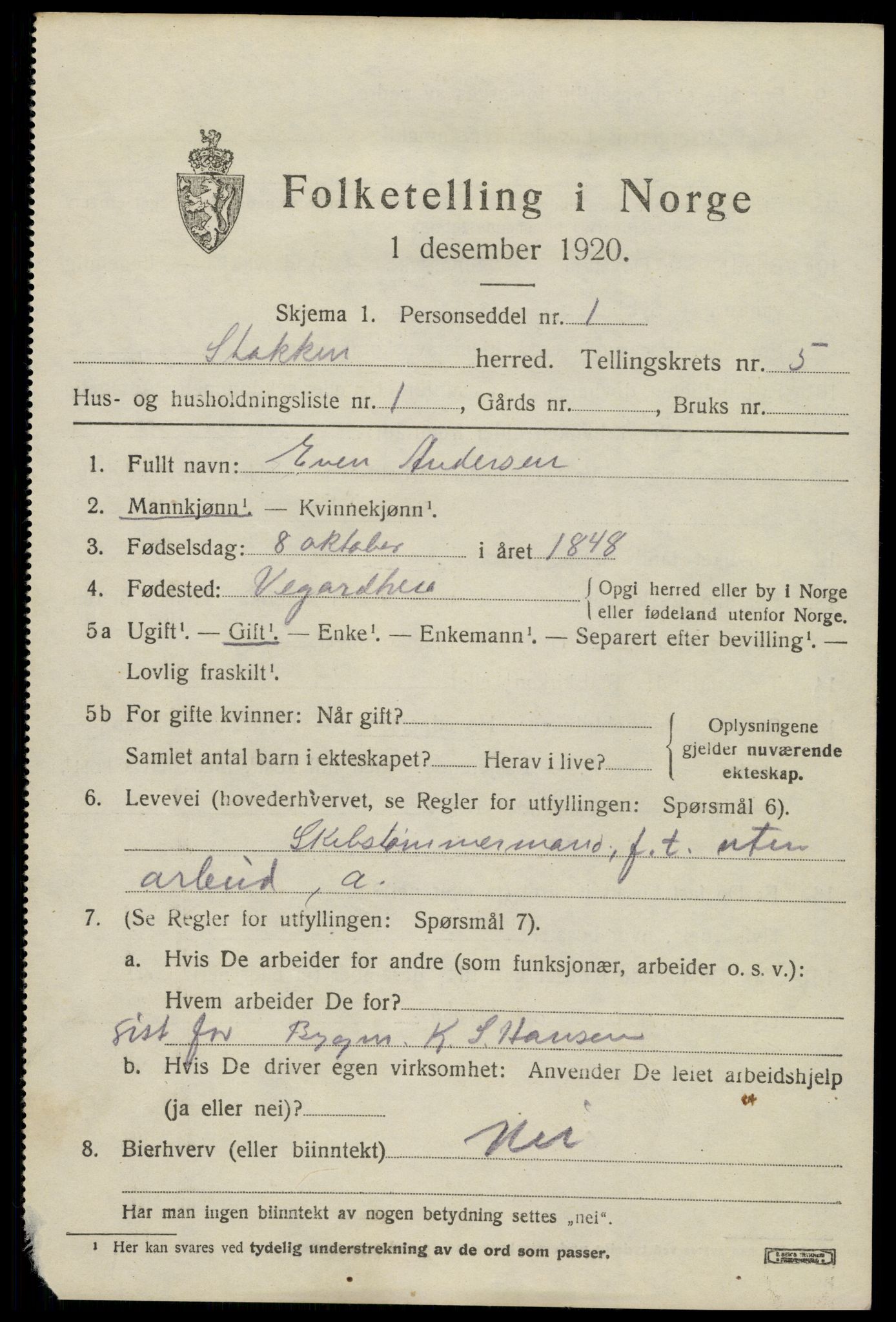 SAK, 1920 census for Stokken, 1920, p. 3290