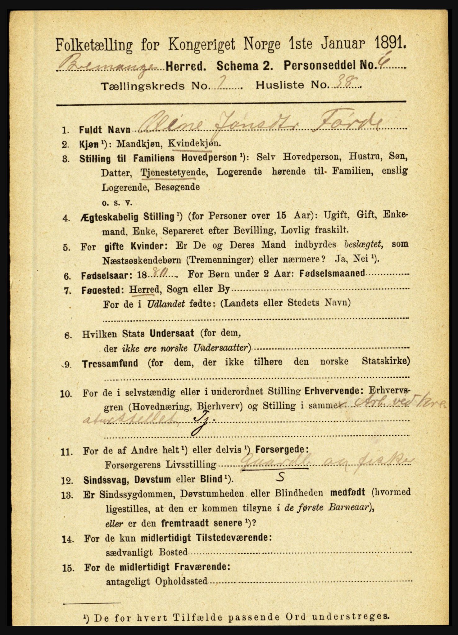 RA, 1891 census for 1438 Bremanger, 1891, p. 884