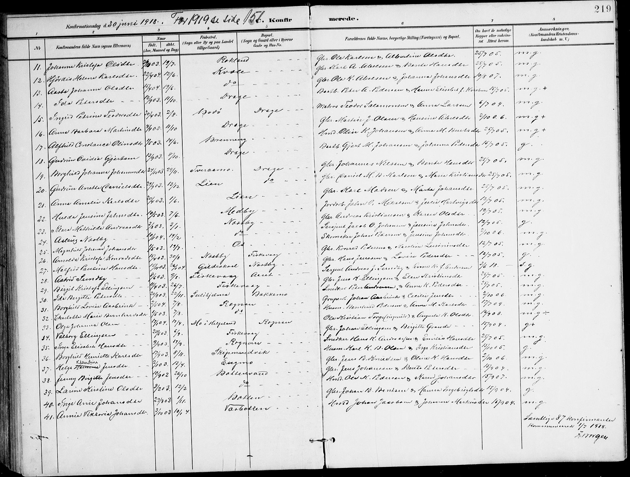 Ministerialprotokoller, klokkerbøker og fødselsregistre - Nordland, AV/SAT-A-1459/847/L0672: Parish register (official) no. 847A12, 1902-1919, p. 219