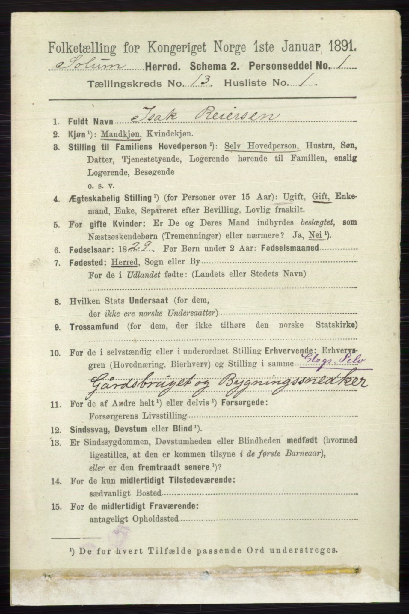 RA, 1891 census for 0818 Solum, 1891, p. 6057