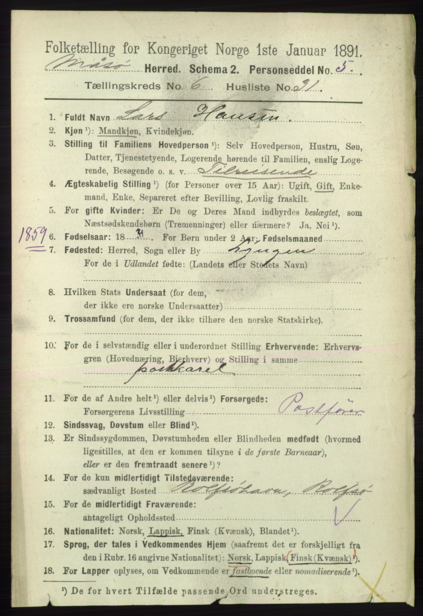RA, 1891 census for 2018 Måsøy, 1891, p. 1308