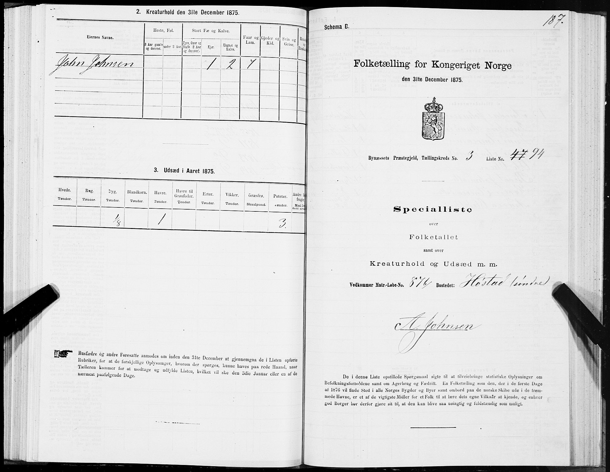 SAT, 1875 census for 1655P Byneset, 1875, p. 2187