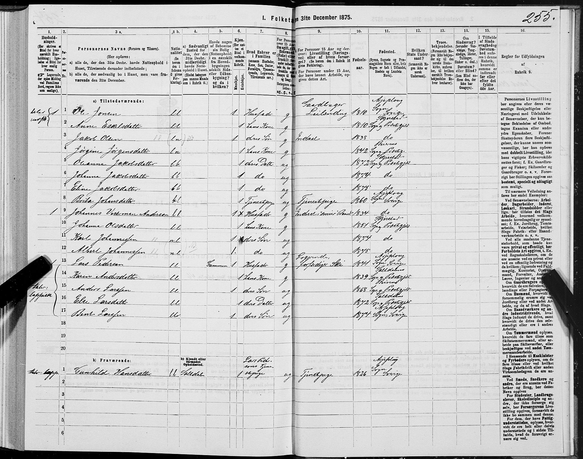 SAT, 1875 census for 1842P Skjerstad, 1875, p. 1255