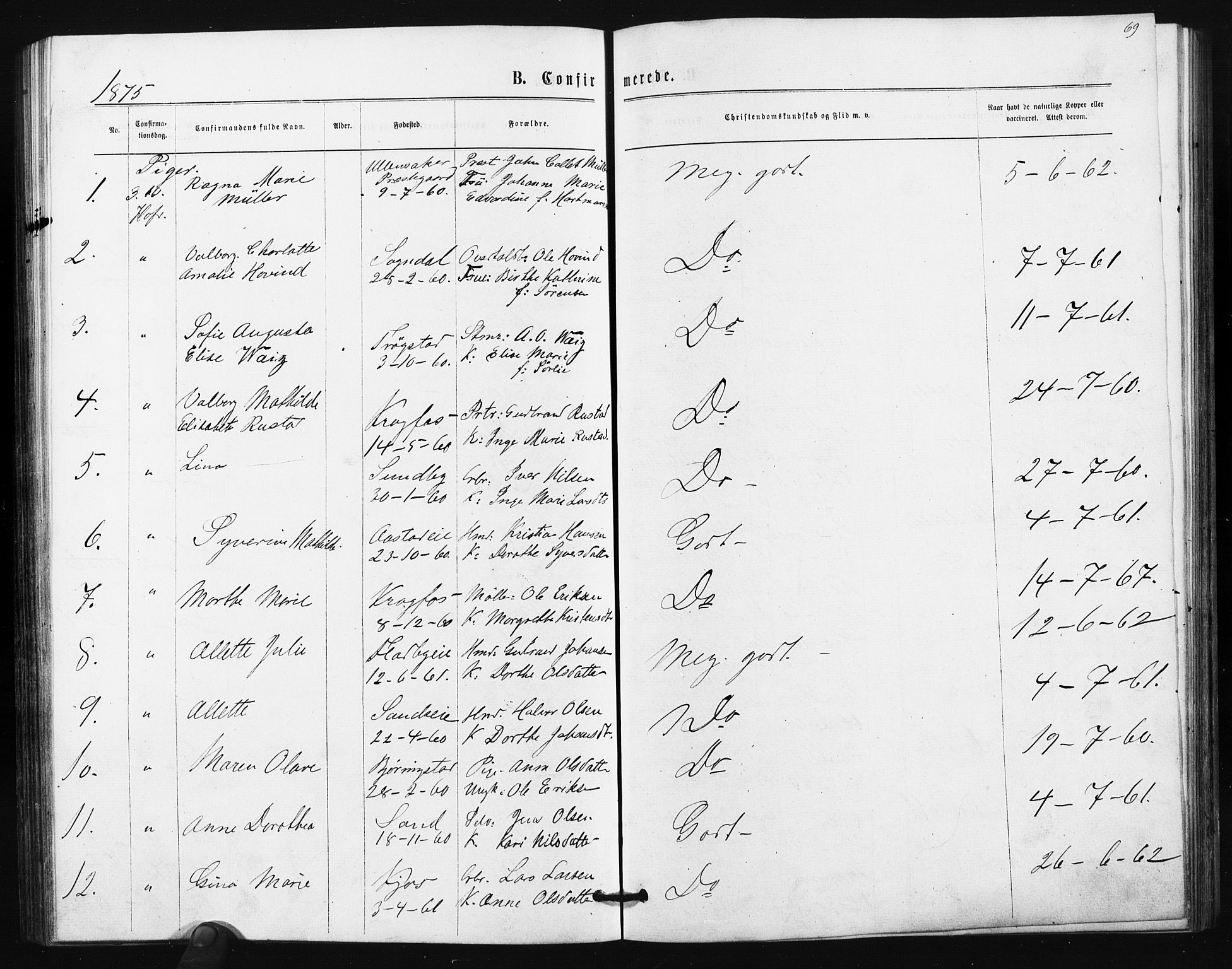 Ullensaker prestekontor Kirkebøker, SAO/A-10236a/F/Fa/L0017: Parish register (official) no. I 17, 1871-1875, p. 69