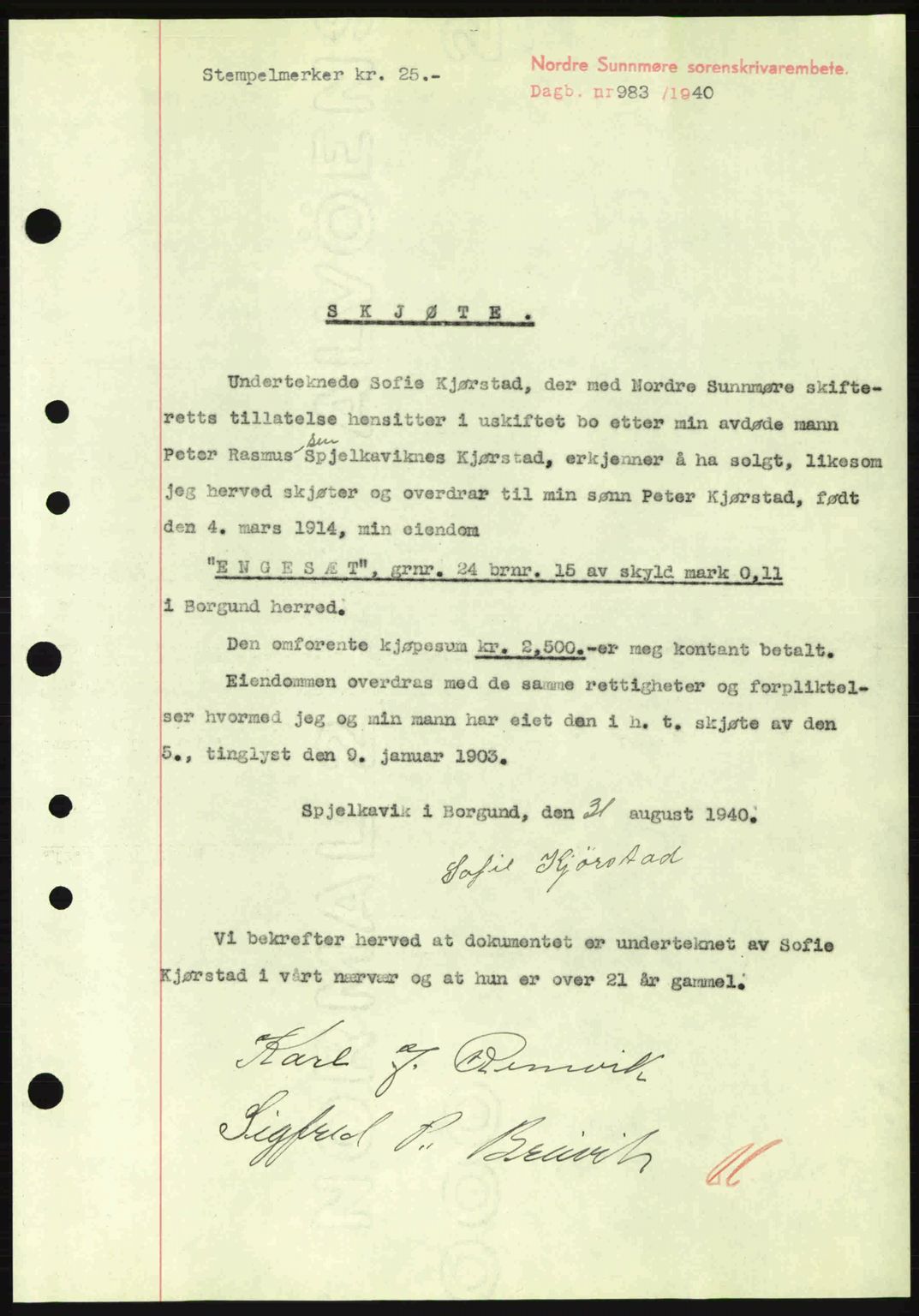 Nordre Sunnmøre sorenskriveri, AV/SAT-A-0006/1/2/2C/2Ca: Mortgage book no. A9, 1940-1940, Diary no: : 983/1940