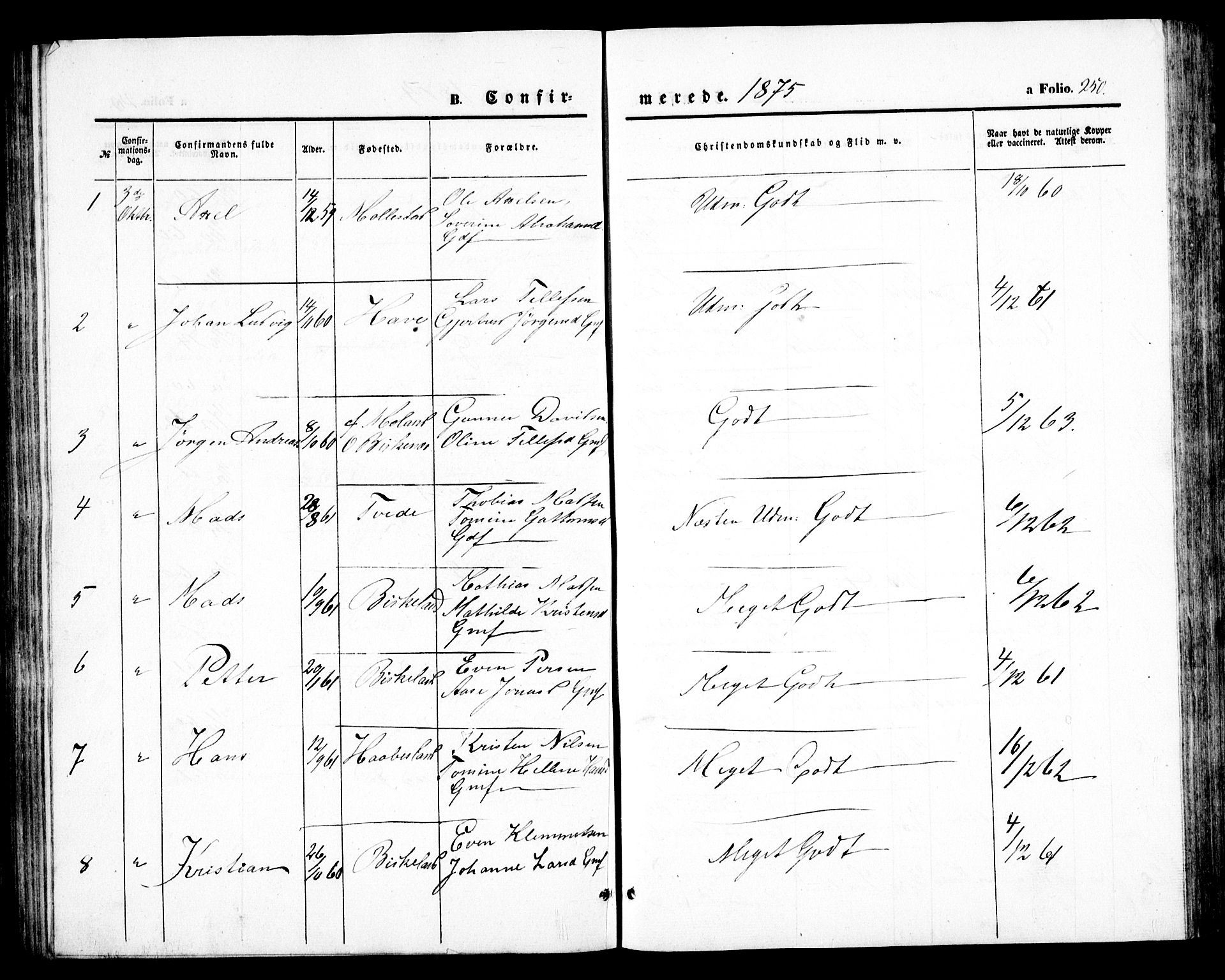 Birkenes sokneprestkontor, SAK/1111-0004/F/Fb/L0002: Parish register (copy) no. B 2, 1849-1876, p. 250