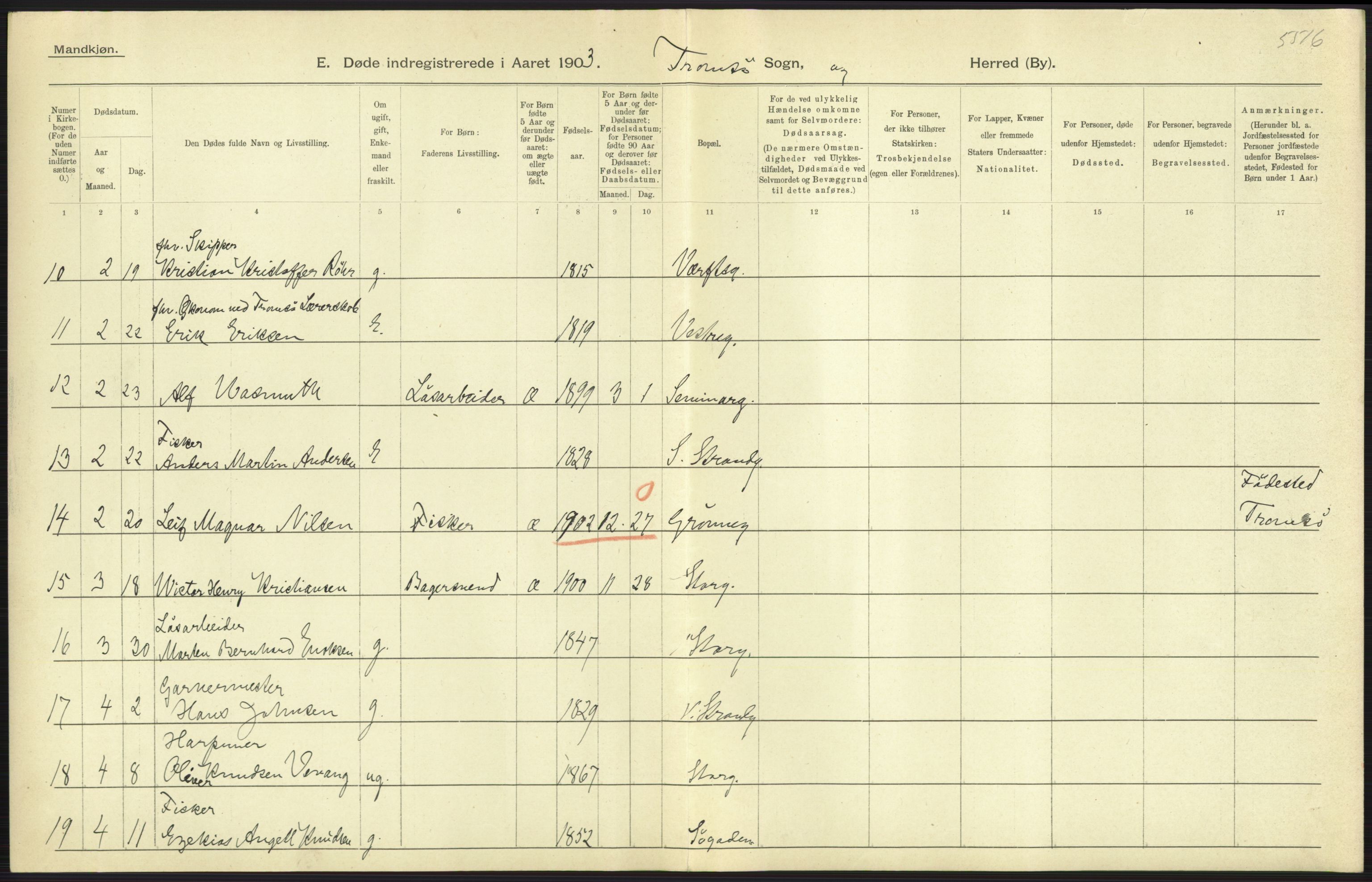 Statistisk sentralbyrå, Sosiodemografiske emner, Befolkning, AV/RA-S-2228/D/Df/Dfa/Dfaa/L0021: Tromsø amt: Fødte, gifte, døde., 1903, p. 537