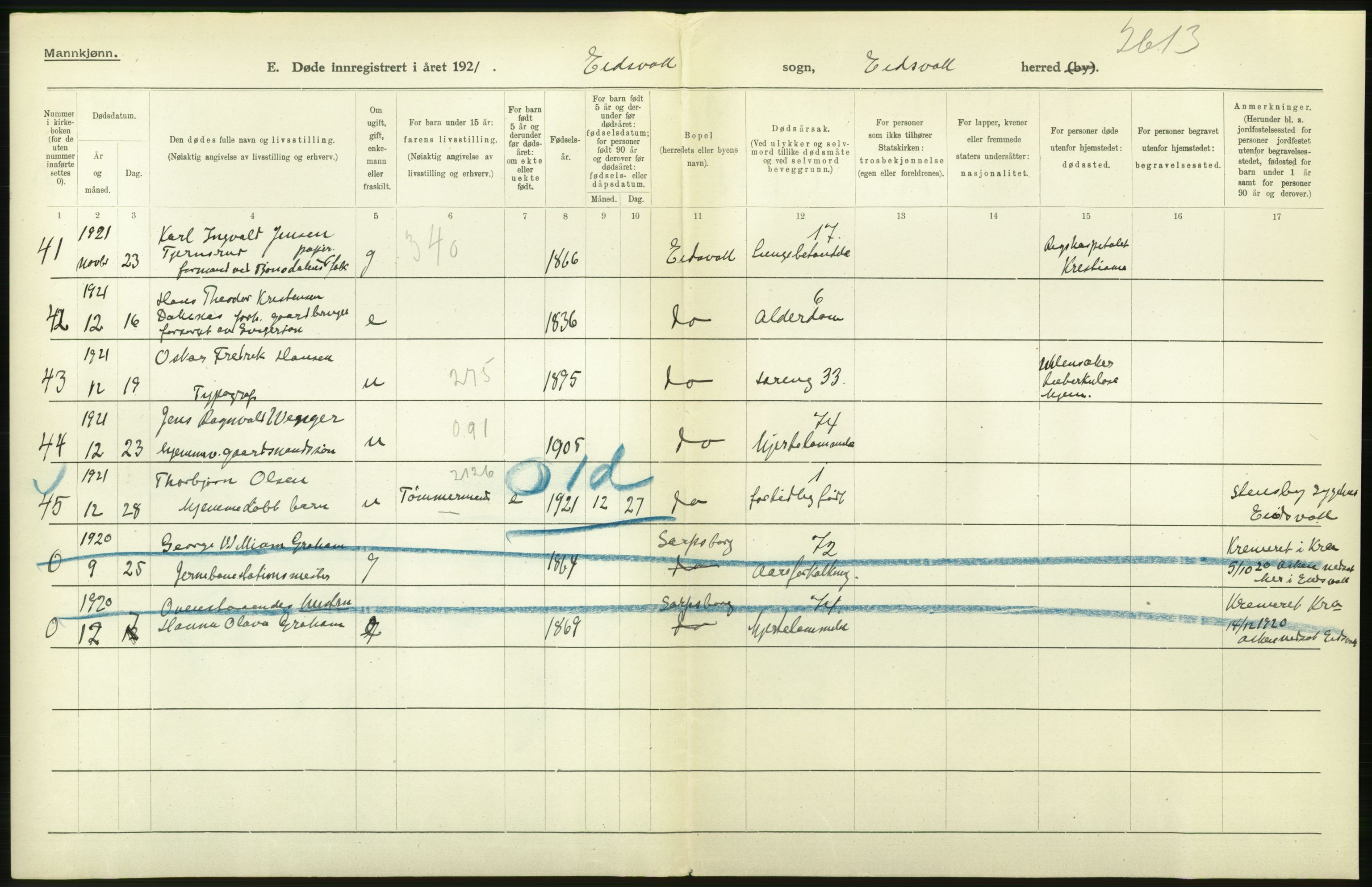 Statistisk sentralbyrå, Sosiodemografiske emner, Befolkning, AV/RA-S-2228/D/Df/Dfc/Dfca/L0007: Akershus fylke: Døde. Bygder og byer., 1921, p. 476