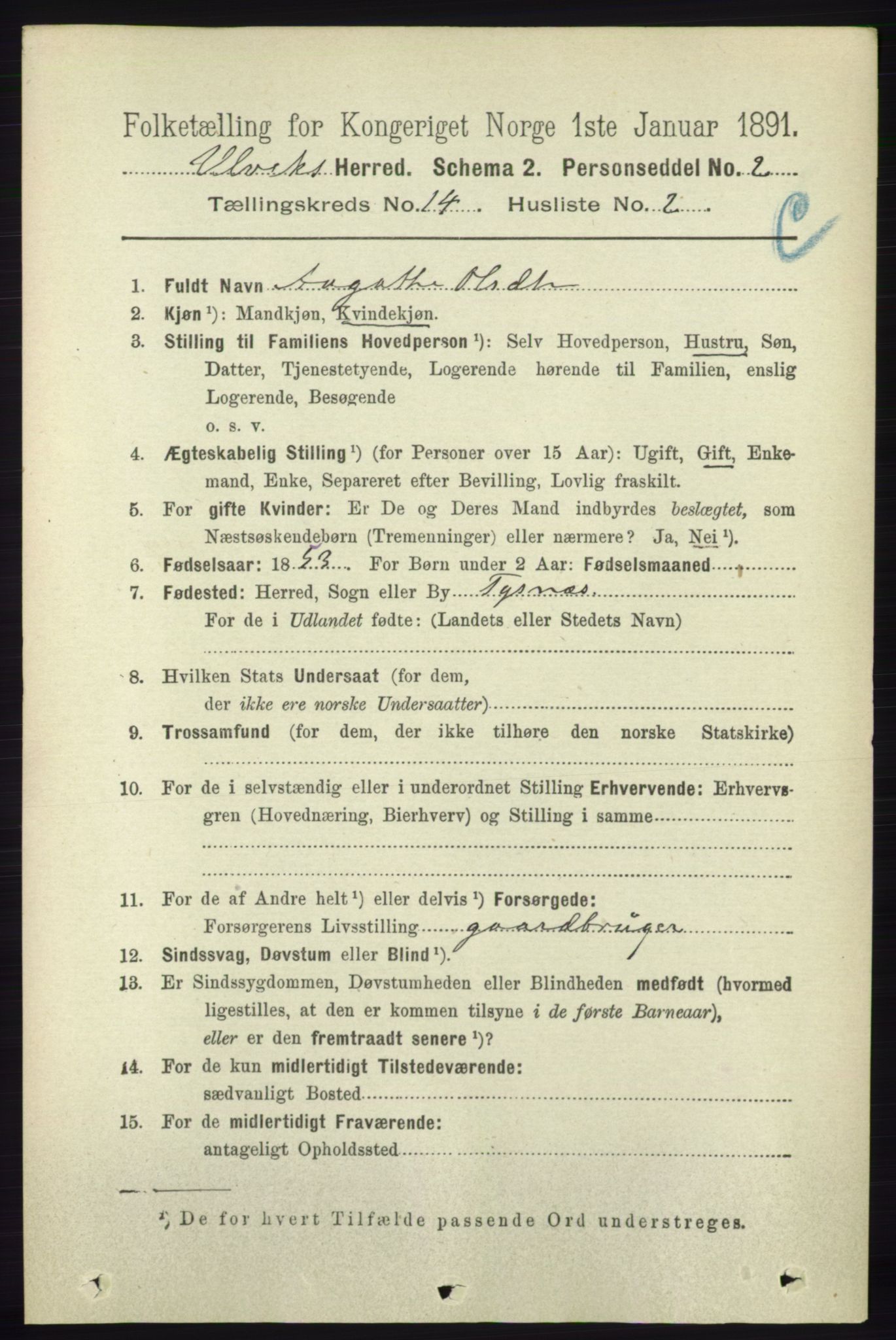 RA, 1891 census for 1233 Ulvik, 1891, p. 4282