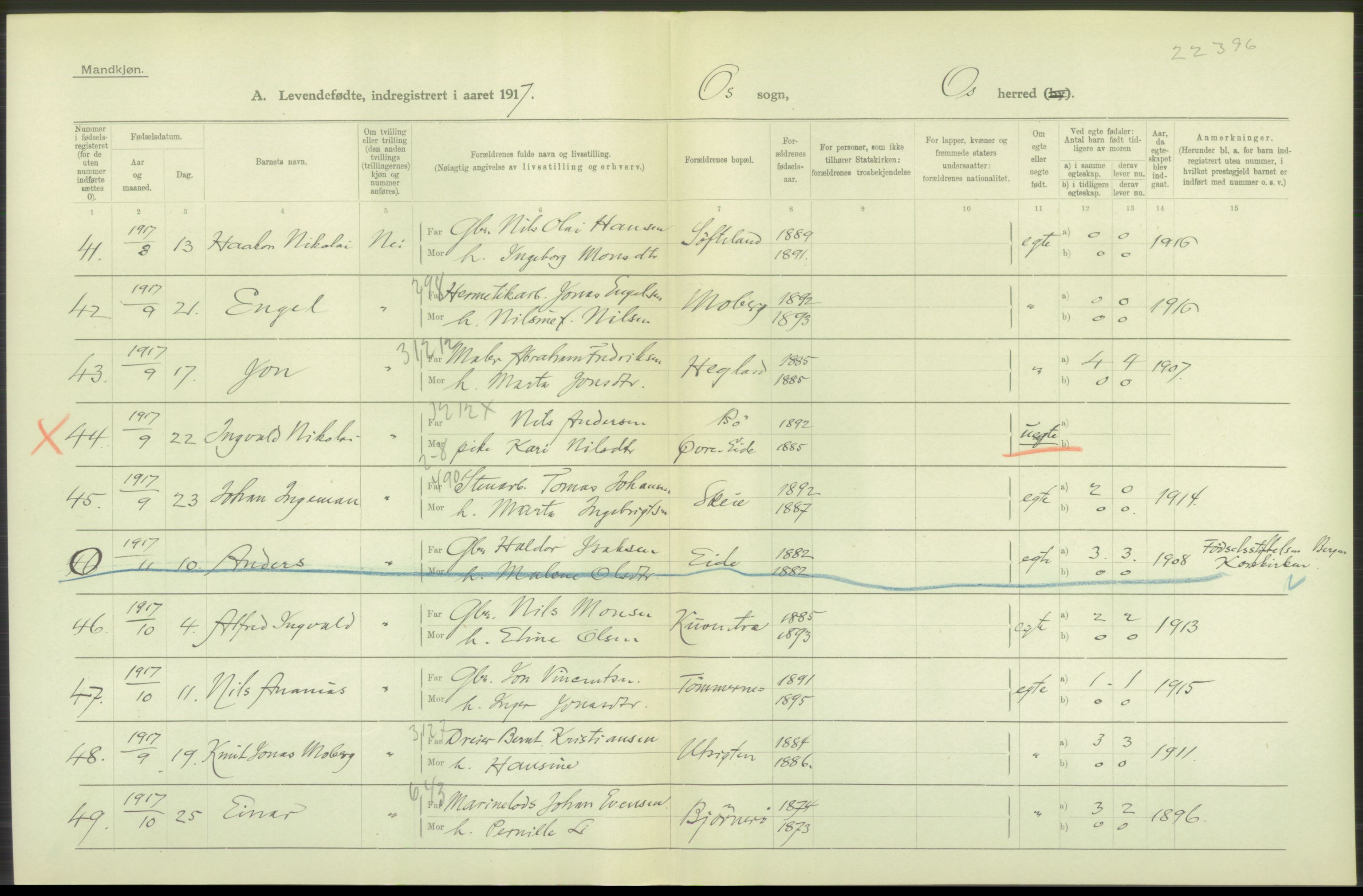 Statistisk sentralbyrå, Sosiodemografiske emner, Befolkning, AV/RA-S-2228/D/Df/Dfb/Dfbg/L0034: S. Bergenhus amt: Levendefødte menn og kvinner. Bygder., 1917, p. 500