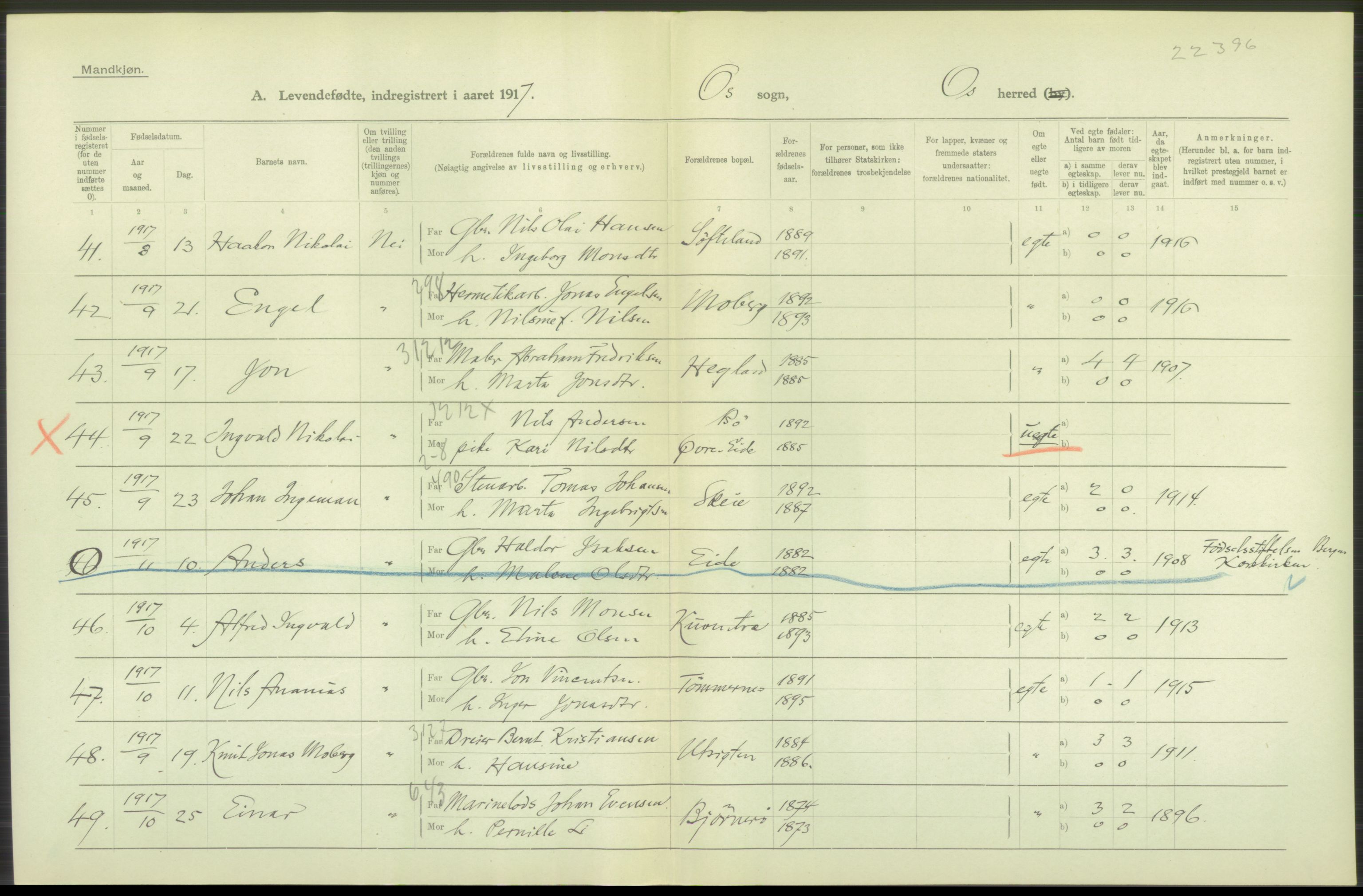 Statistisk sentralbyrå, Sosiodemografiske emner, Befolkning, RA/S-2228/D/Df/Dfb/Dfbg/L0034: S. Bergenhus amt: Levendefødte menn og kvinner. Bygder., 1917, p. 500