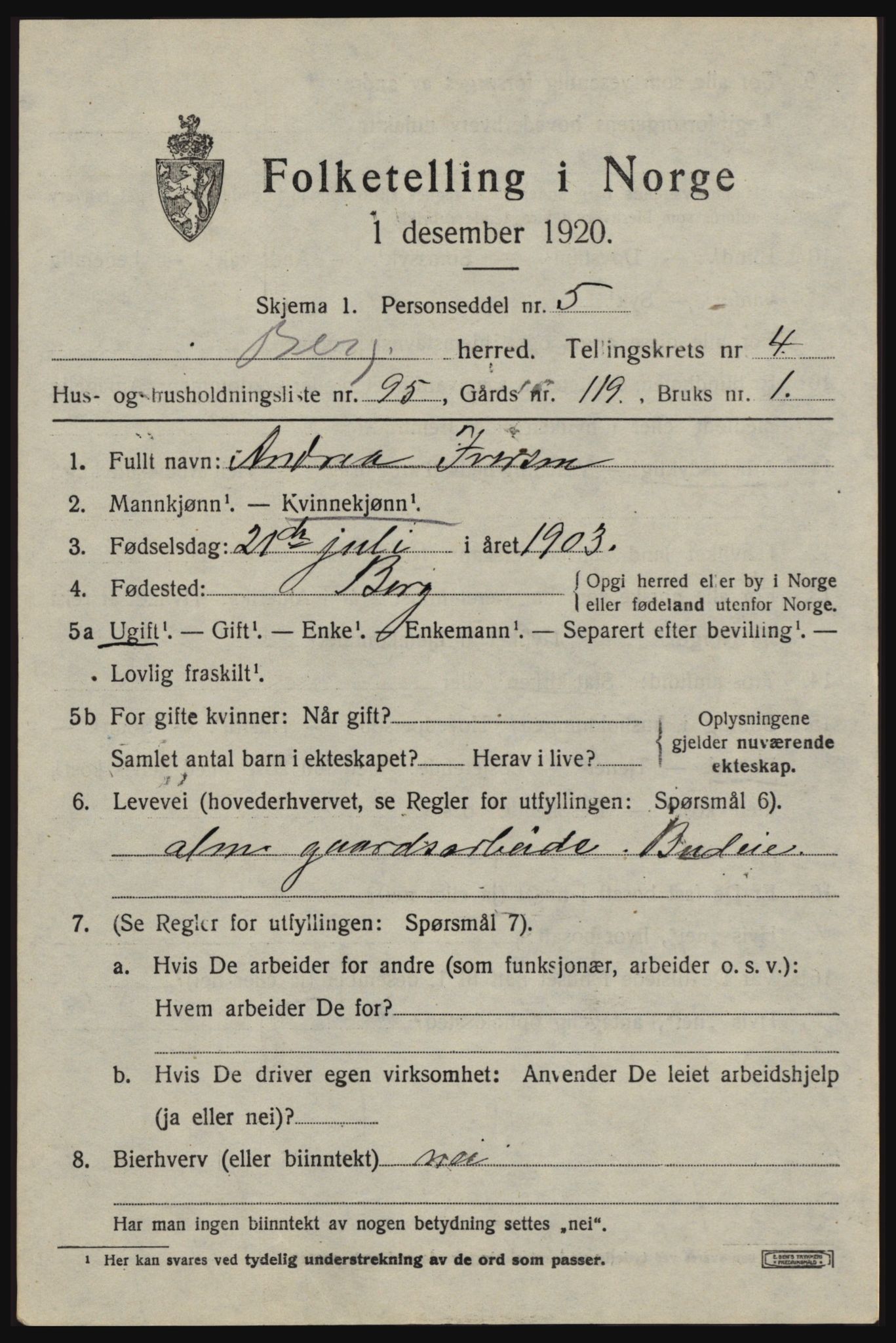 SAO, 1920 census for Berg, 1920, p. 9227