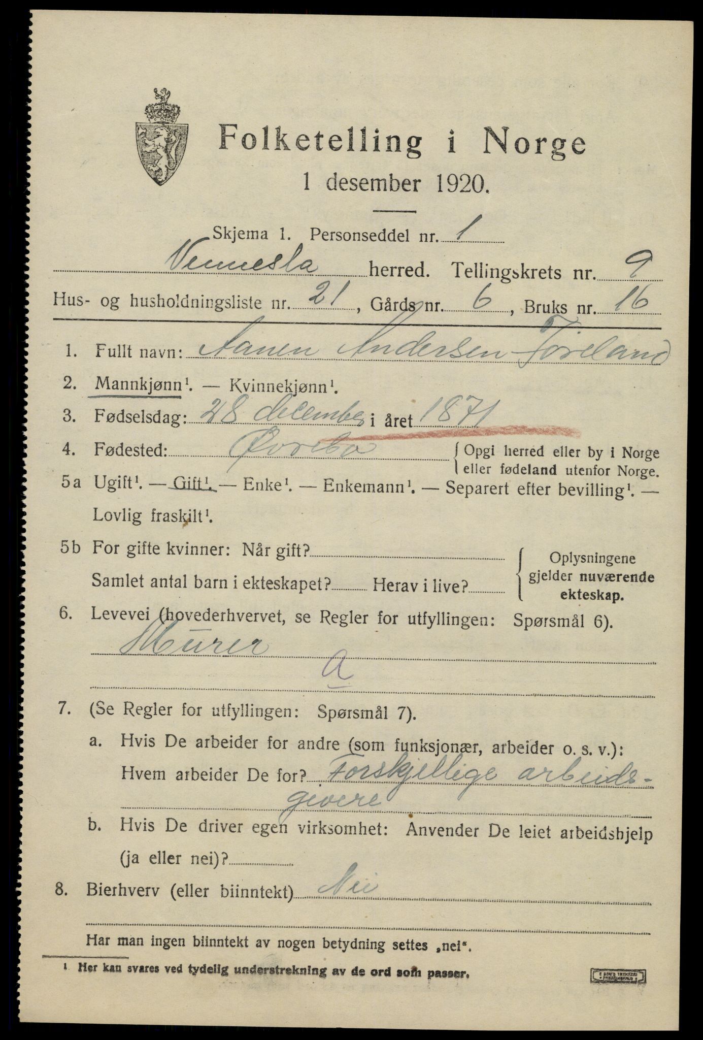 SAK, 1920 census for Vennesla, 1920, p. 6638