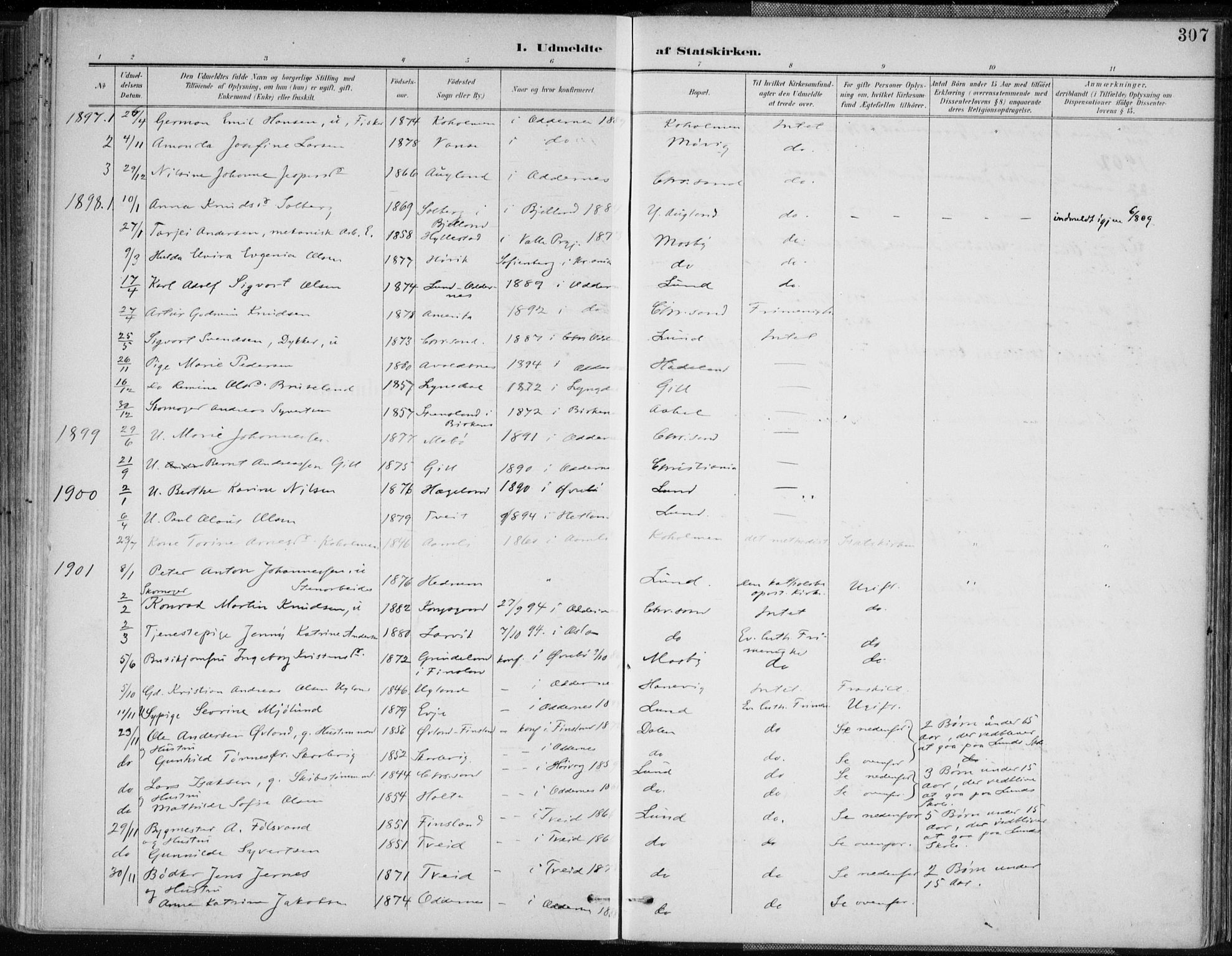 Oddernes sokneprestkontor, AV/SAK-1111-0033/F/Fa/Faa/L0010: Parish register (official) no. A 10, 1897-1911, p. 307