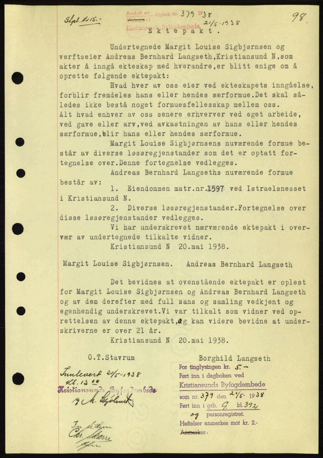 Kristiansund byfogd, SAT/A-4587/A/27: Mortgage book no. 31, 1938-1939, Diary no: : 379/1938