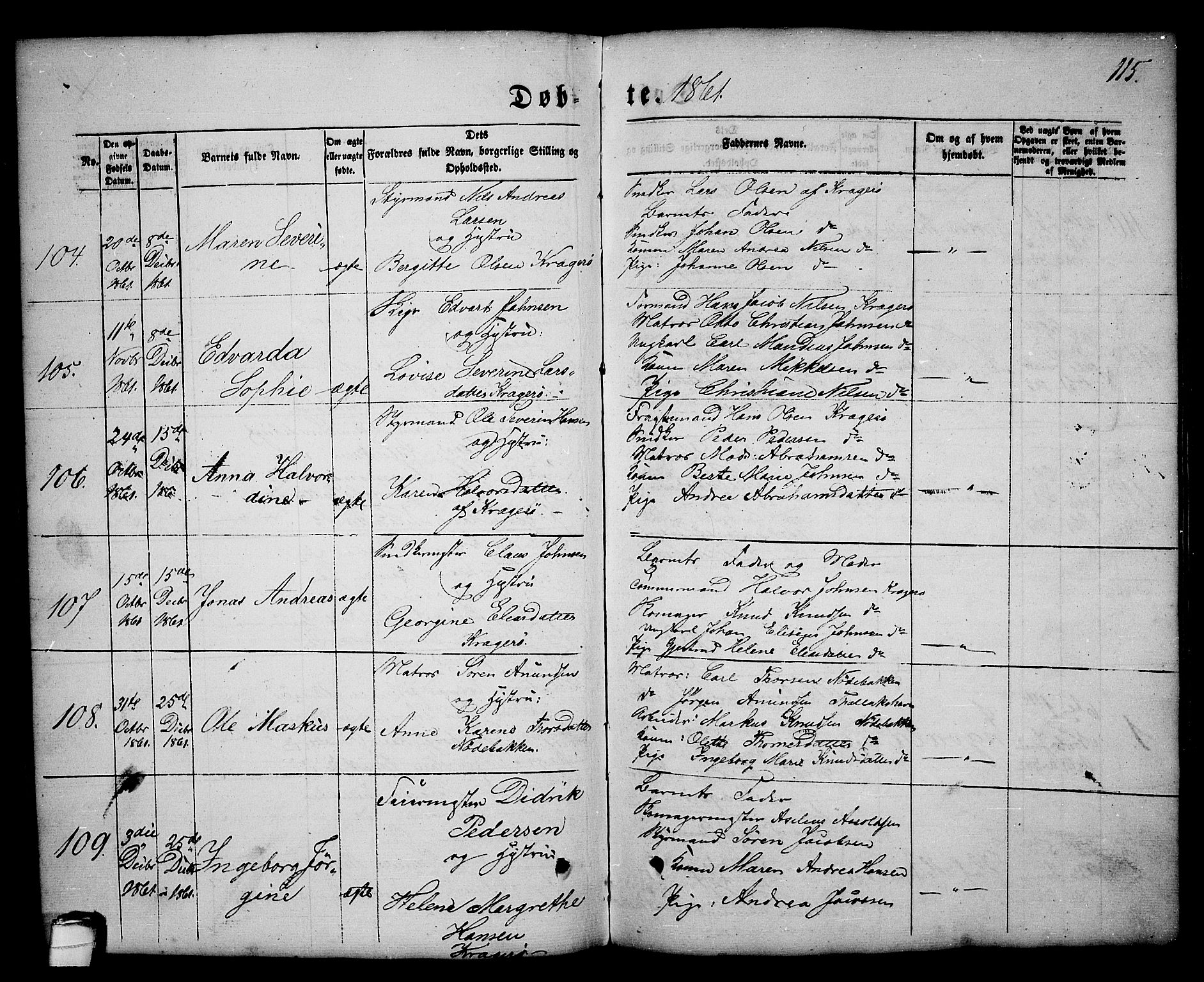 Kragerø kirkebøker, SAKO/A-278/G/Ga/L0004: Parish register (copy) no. 4, 1853-1865, p. 115