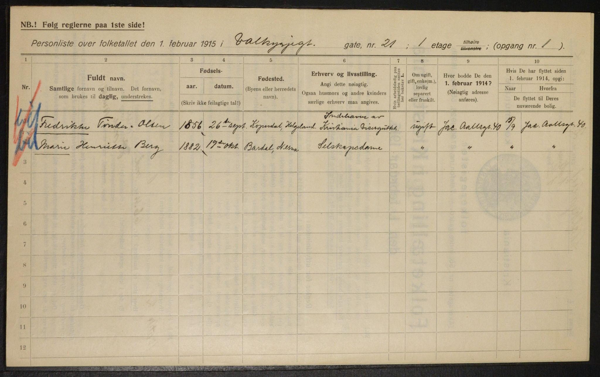 OBA, Municipal Census 1915 for Kristiania, 1915, p. 122523