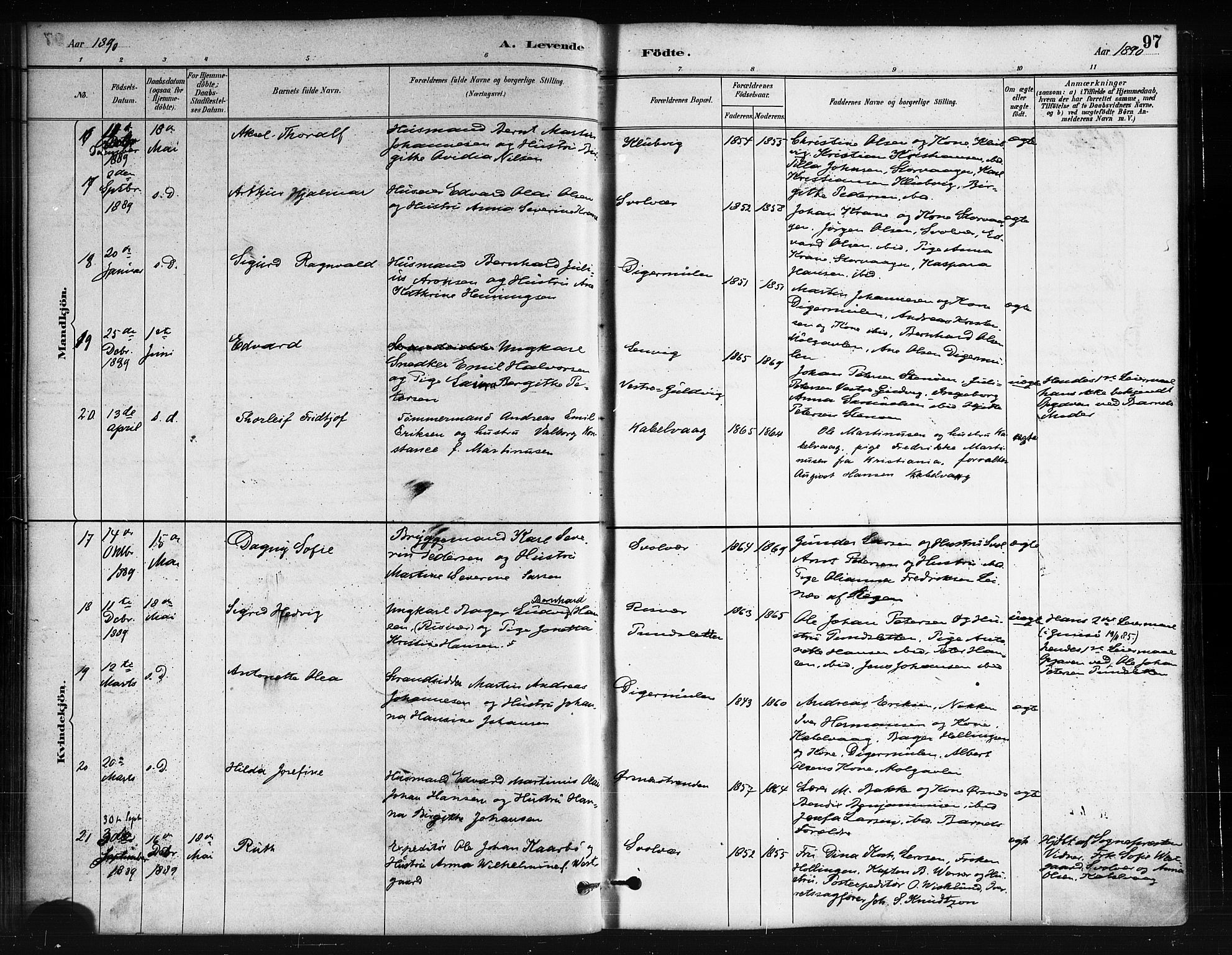 Ministerialprotokoller, klokkerbøker og fødselsregistre - Nordland, AV/SAT-A-1459/874/L1059: Parish register (official) no. 874A03, 1884-1890, p. 97