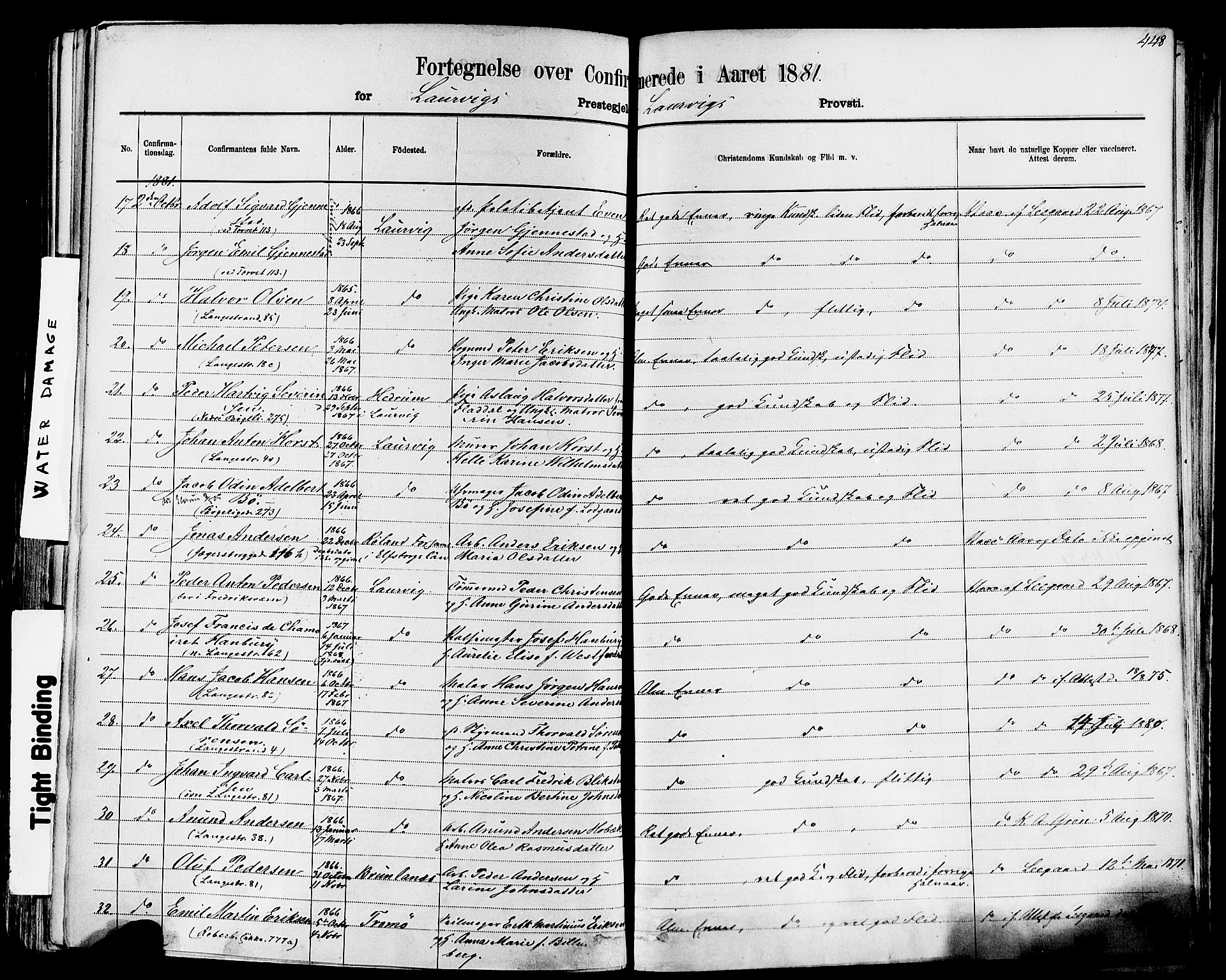 Larvik kirkebøker, AV/SAKO-A-352/F/Fa/L0006: Parish register (official) no. I 6, 1871-1883, p. 448