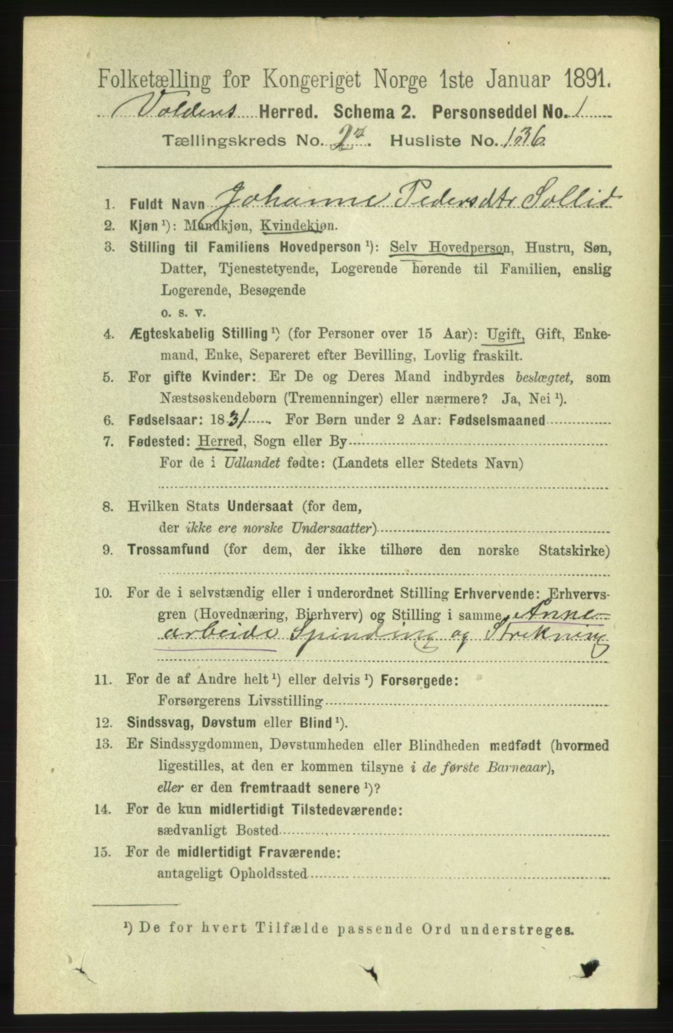 RA, 1891 census for 1519 Volda, 1891, p. 1599