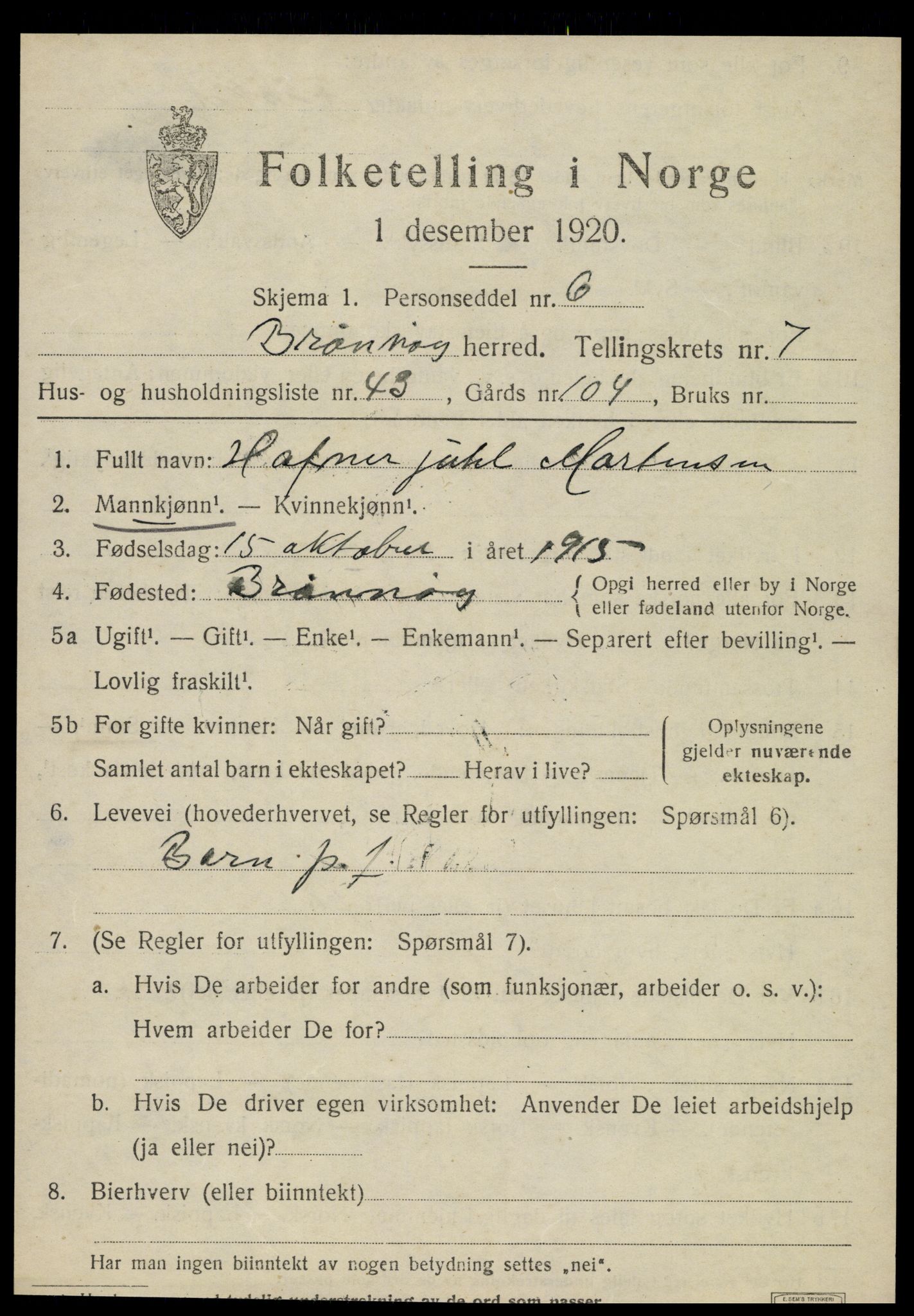 SAT, 1920 census for Brønnøy, 1920, p. 5678